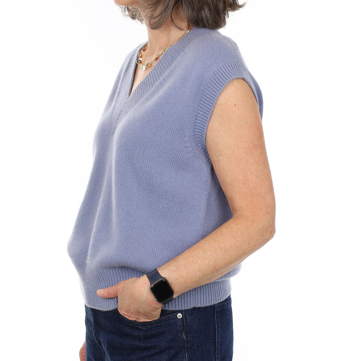 Dusky Blue Chunky Knit Cashmere V Neck Tank Top Medium