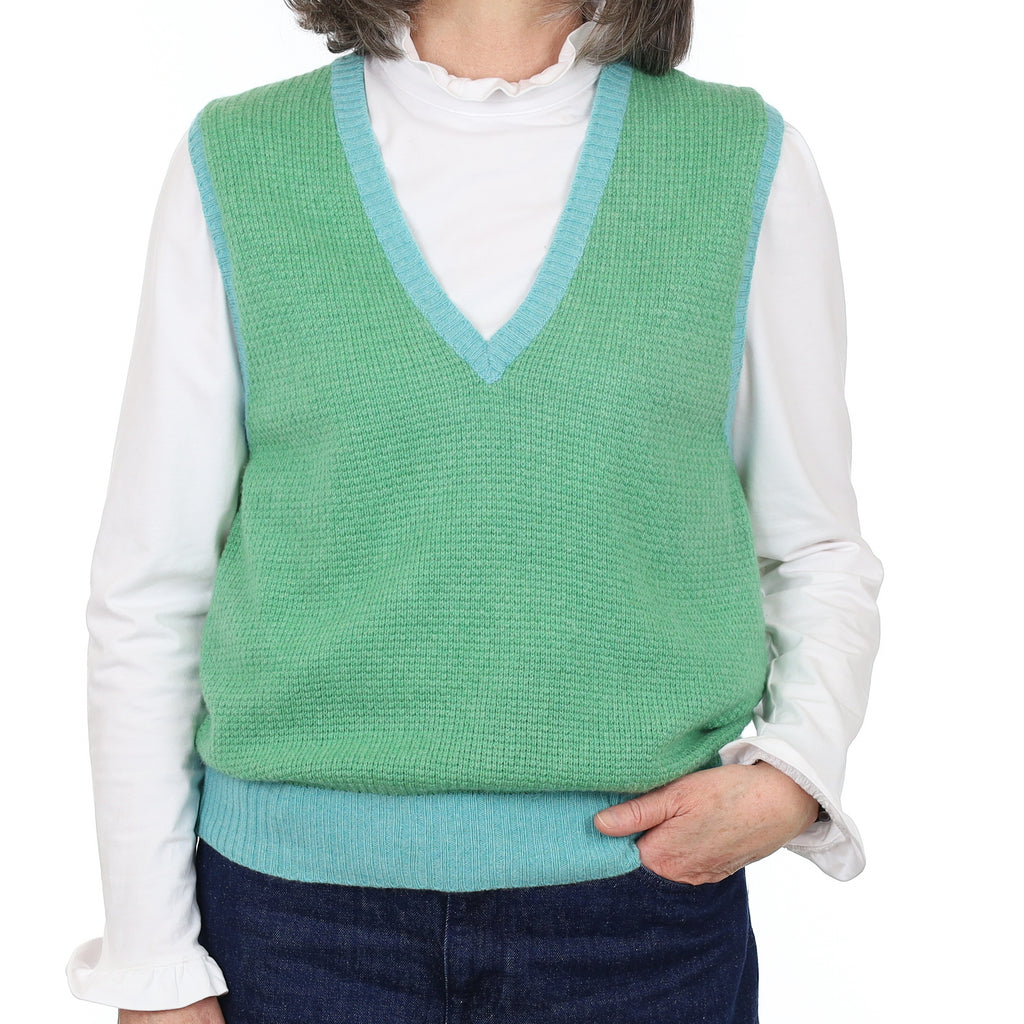 Scottish Brora Green and Aqua Cashmere V Neck Tank Top Medium