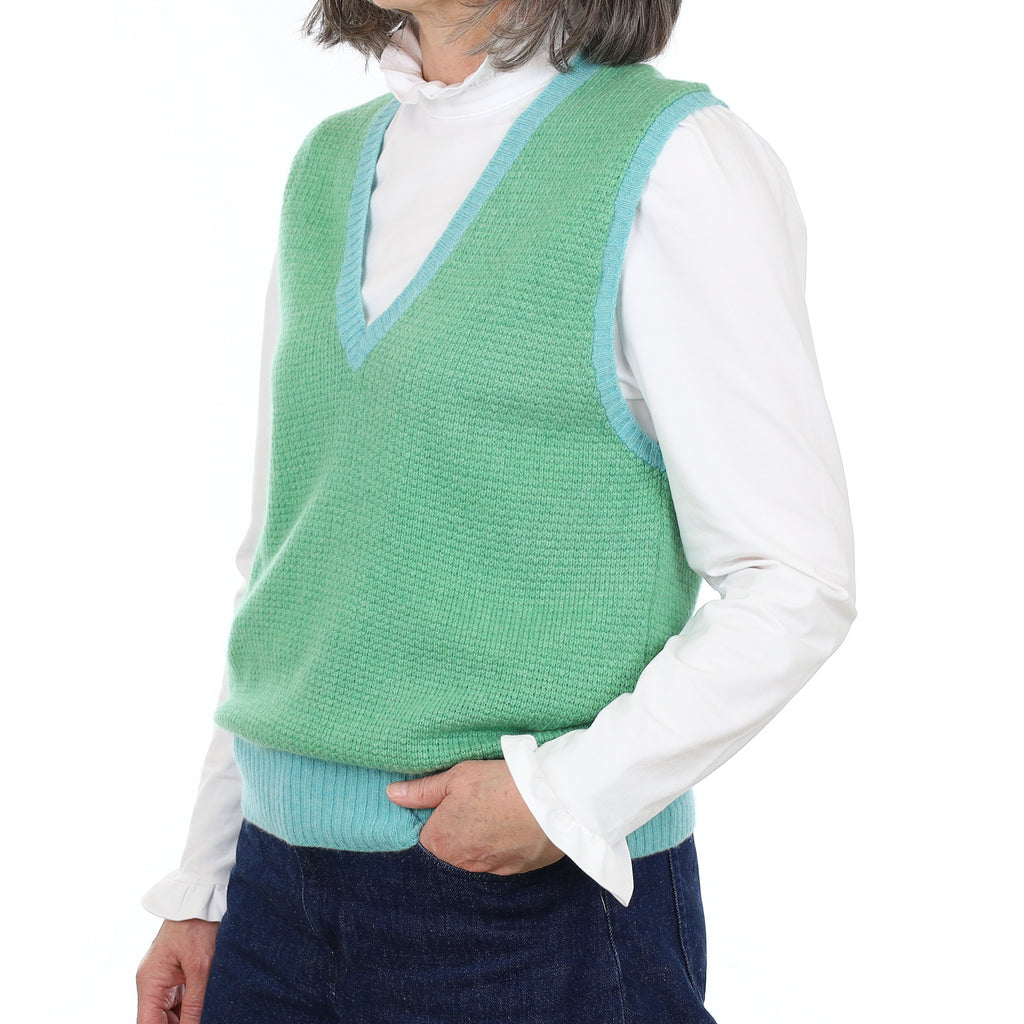 Scottish Brora Green and Aqua Cashmere V Neck Tank Top Medium