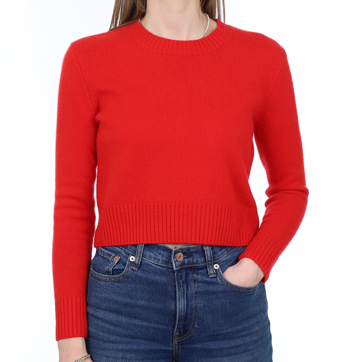Vermillion Red Cashmere Cropped Crew Neck Jumper Small