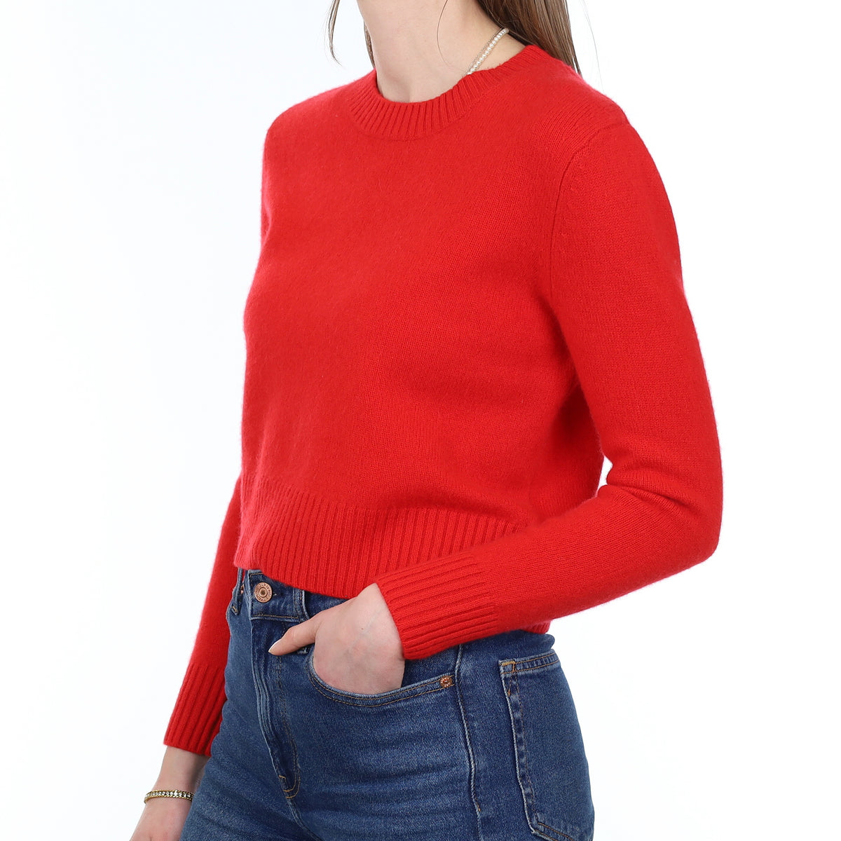 Vermillion Red Cashmere Cropped Crew Neck Jumper Small