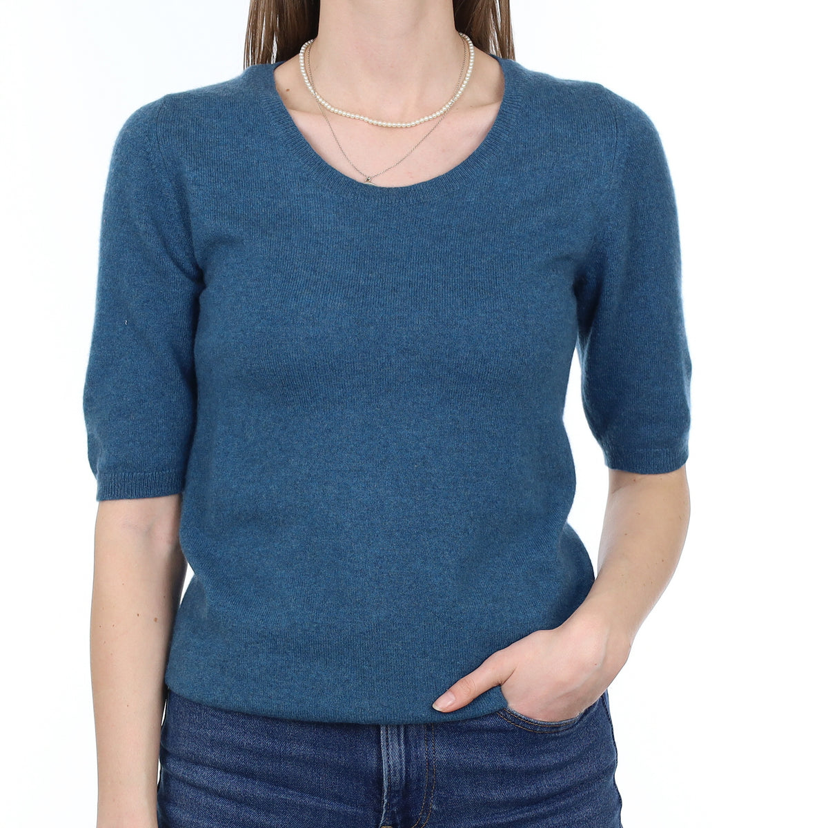 Brora Ocean Blue Cashmere Short Sleeve Crew Neck Jumper Small