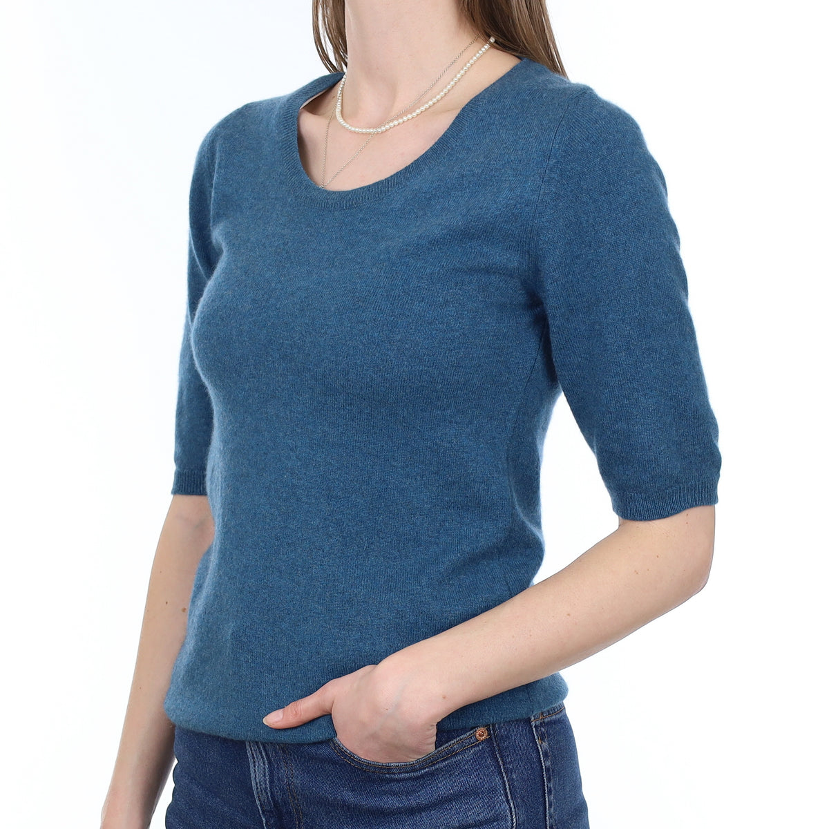 Brora Ocean Blue Cashmere Short Sleeve Crew Neck Jumper Small
