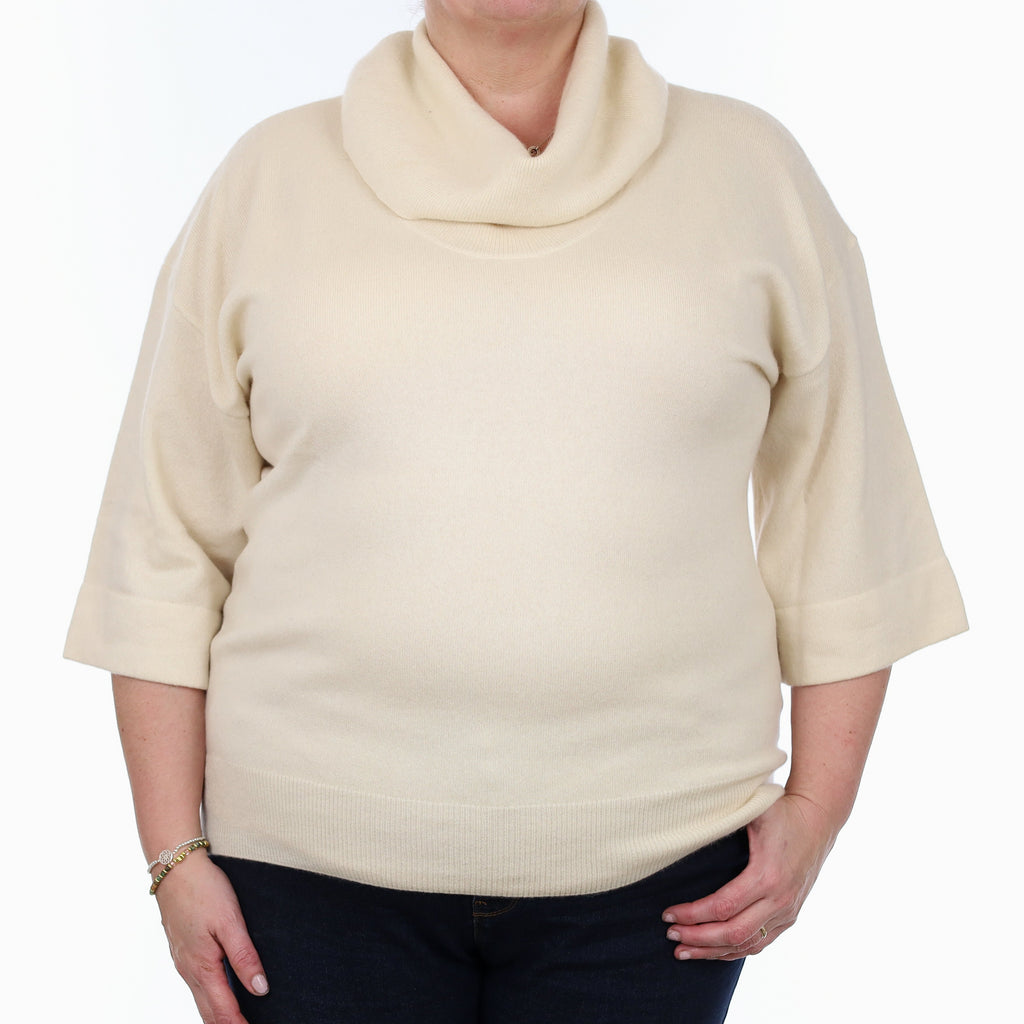 Ivory Cashmere 1/2 Sleeve Cowl Neck Jumper Extra Large