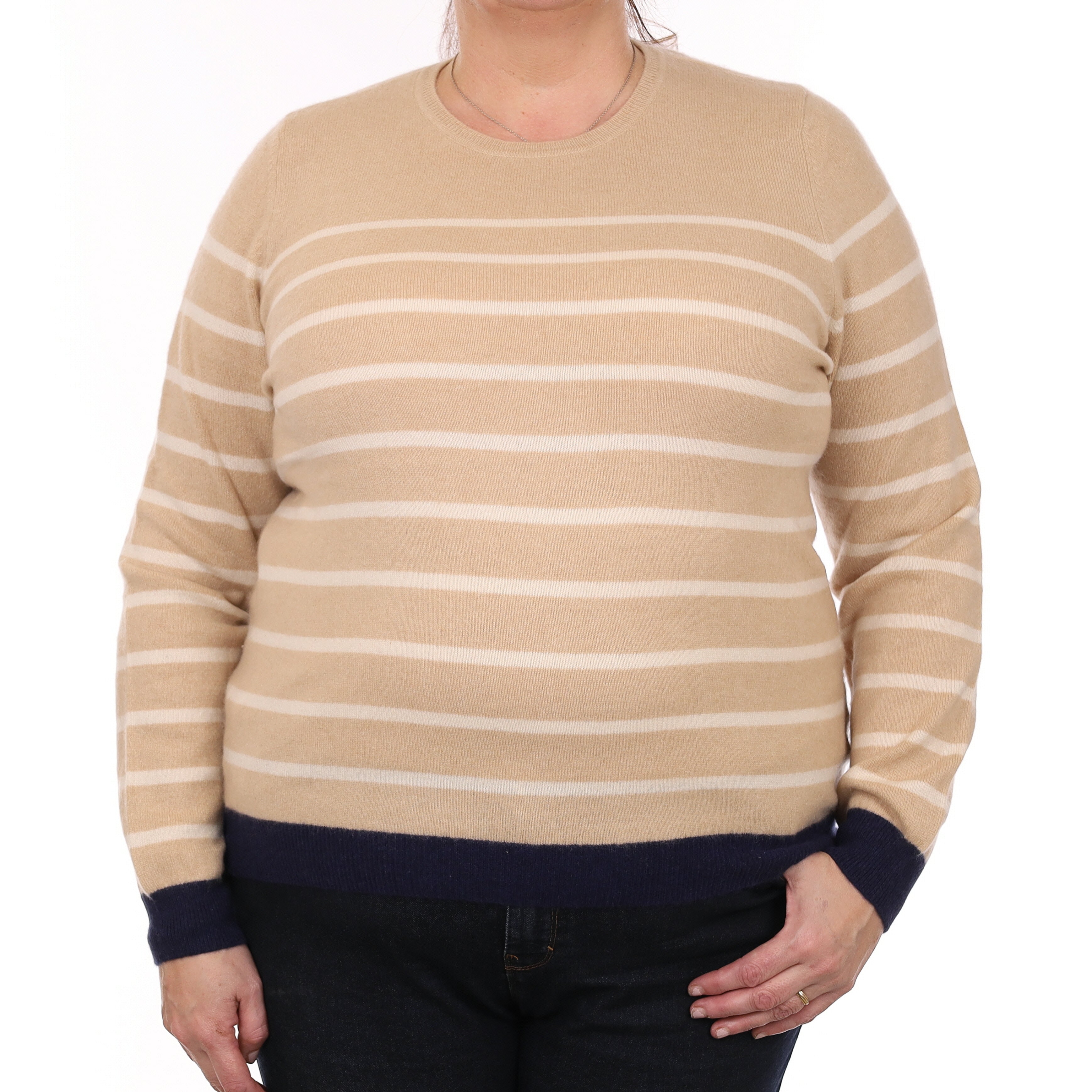 Beige Stripe Cashmere Crew Neck Jumper Extra Large