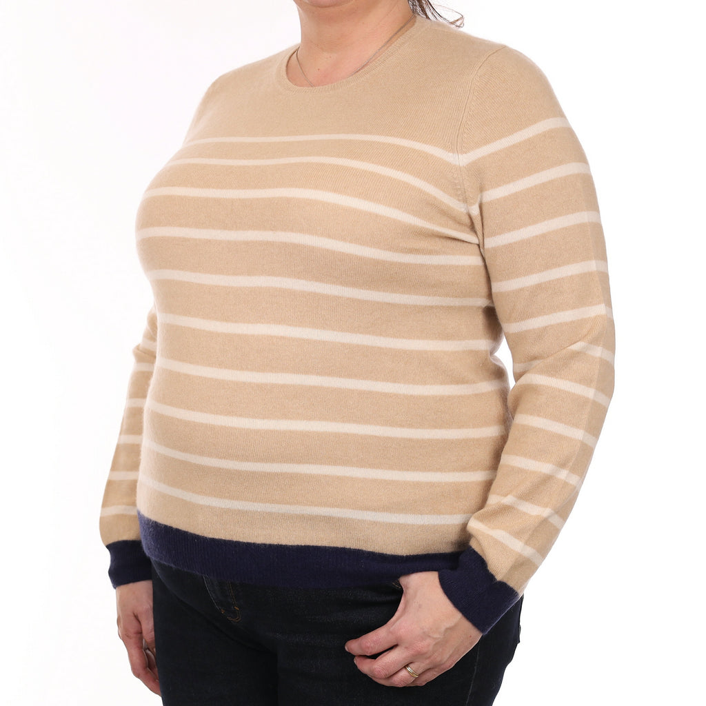 Beige Stripe Cashmere Crew Neck Jumper Extra Large