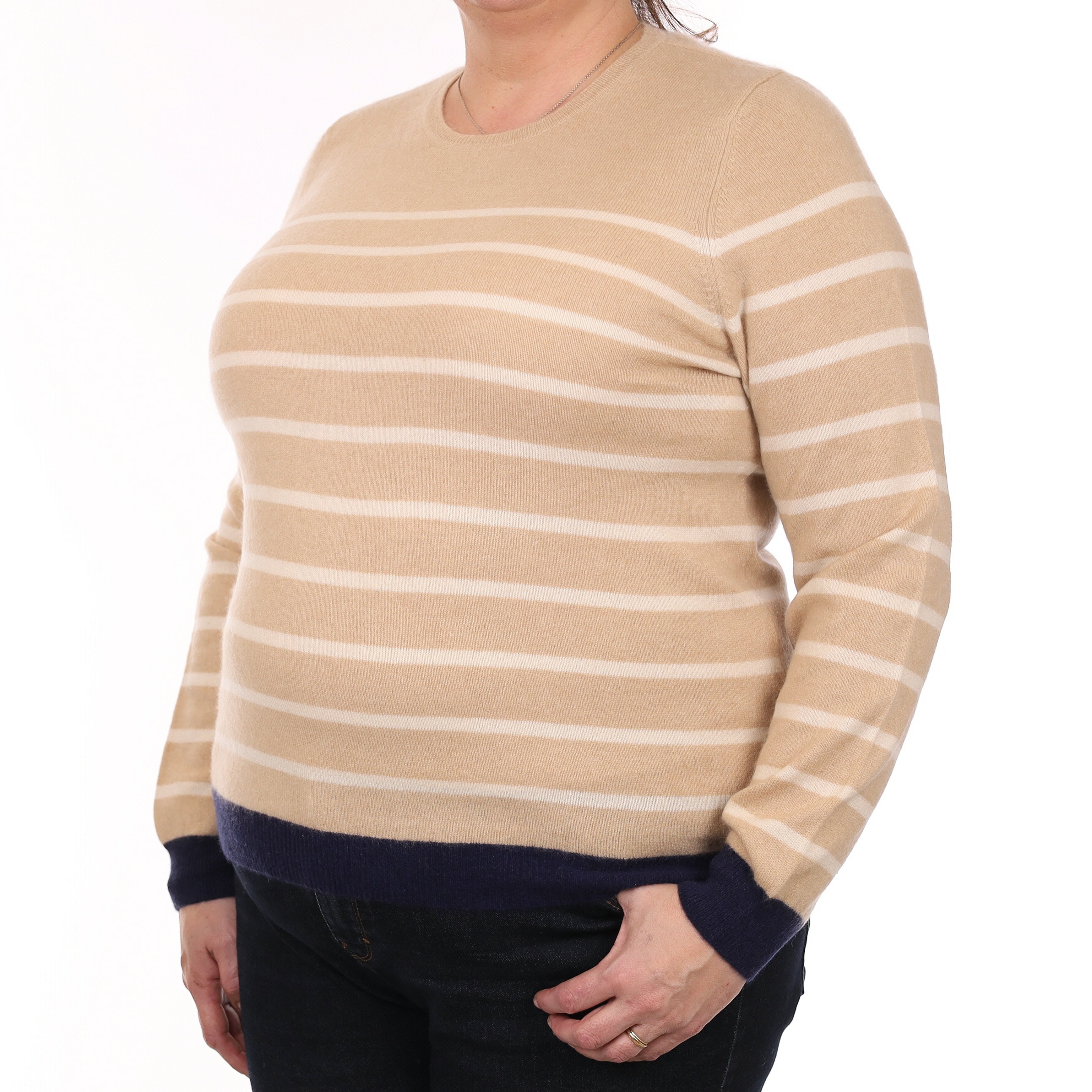 Beige Stripe Cashmere Crew Neck Jumper Extra Large