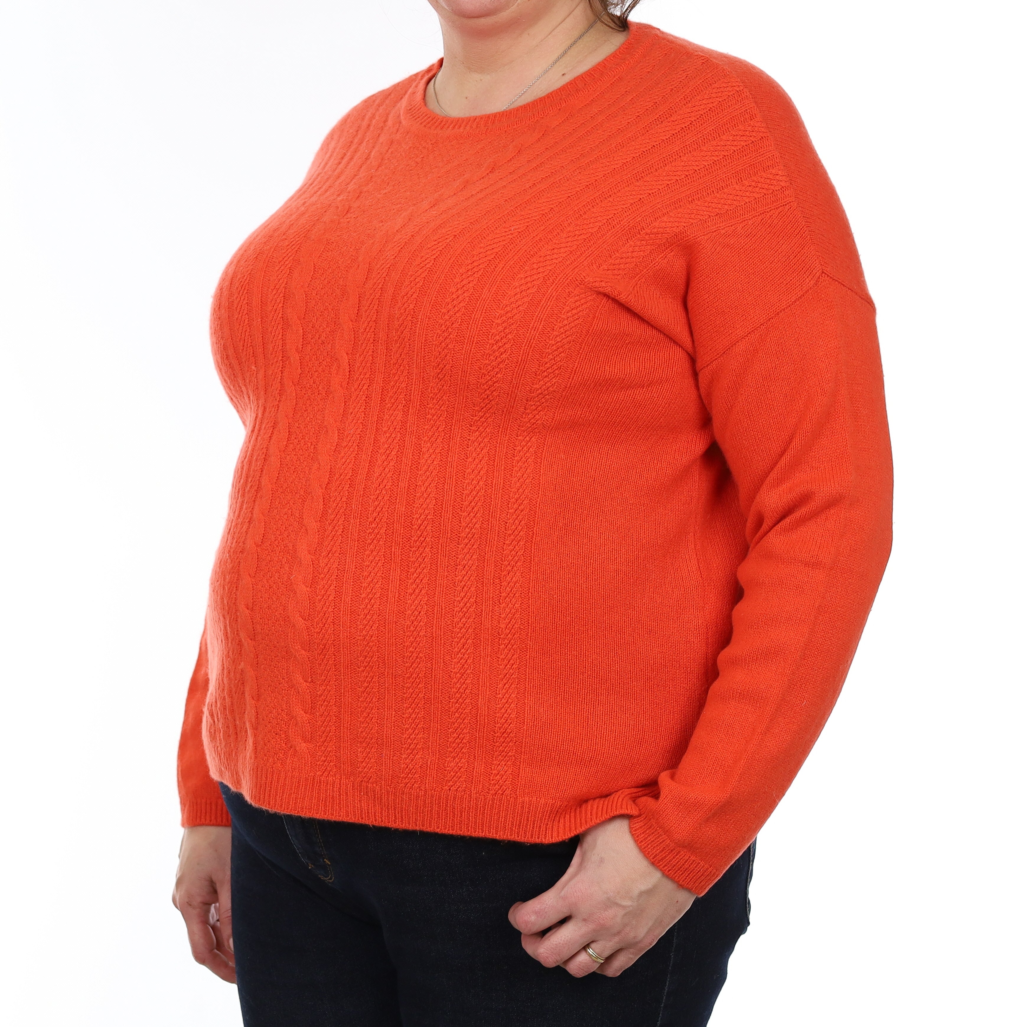 Flame Orange Textured Cashmere Crew Neck Jumper Extra Large
