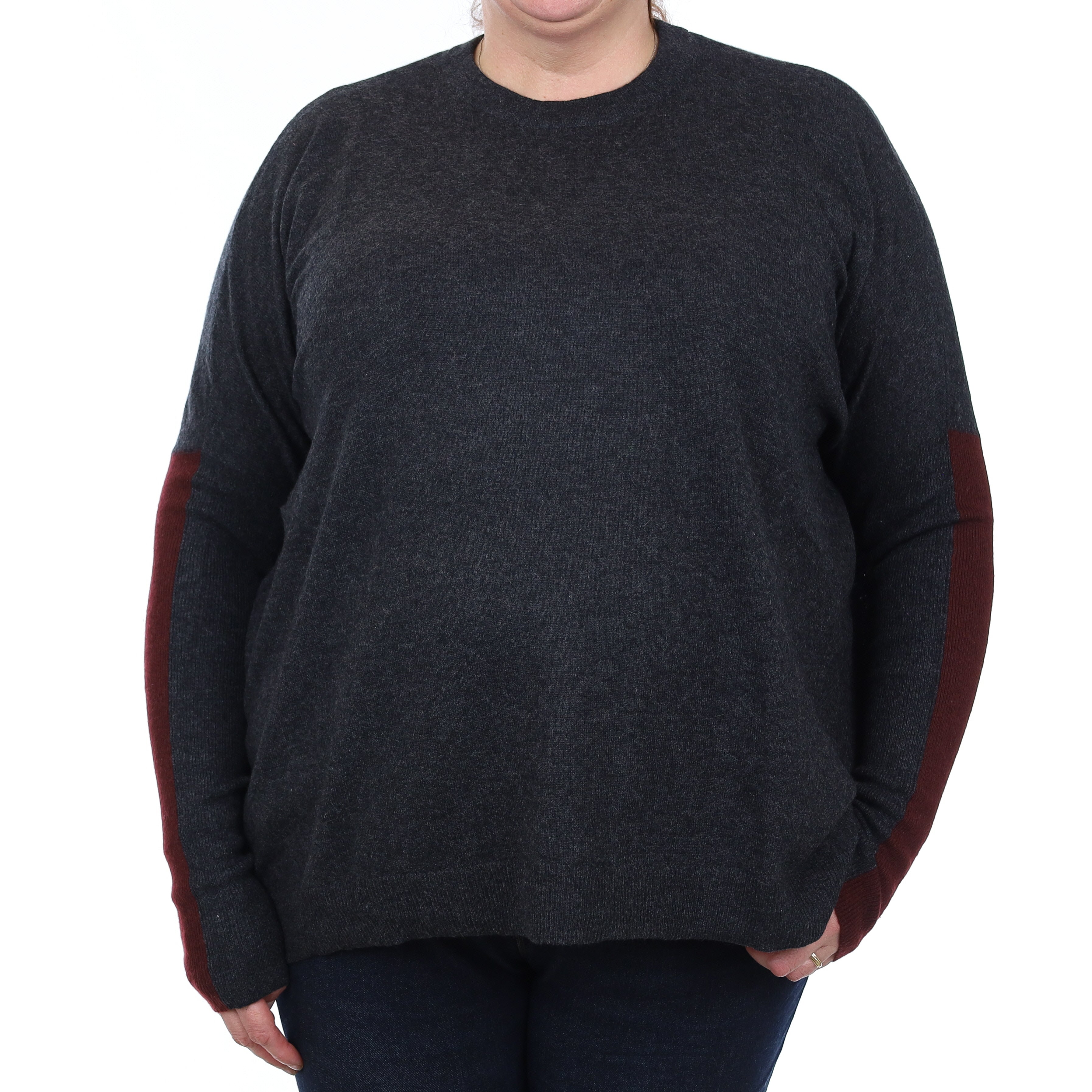 Charcoal and Burgundy Cashmere Crew Neck Jumper Extra Large
