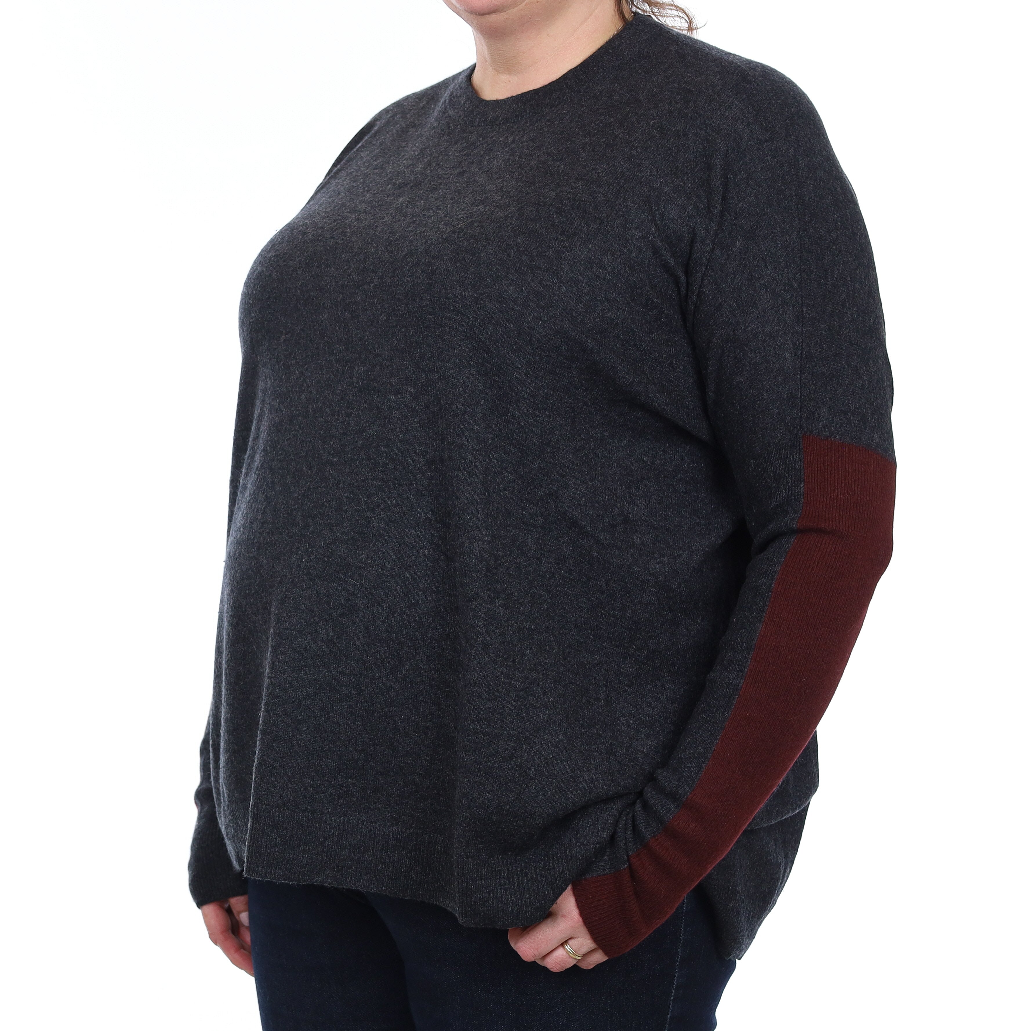 Charcoal and Burgundy Cashmere Crew Neck Jumper Extra Large