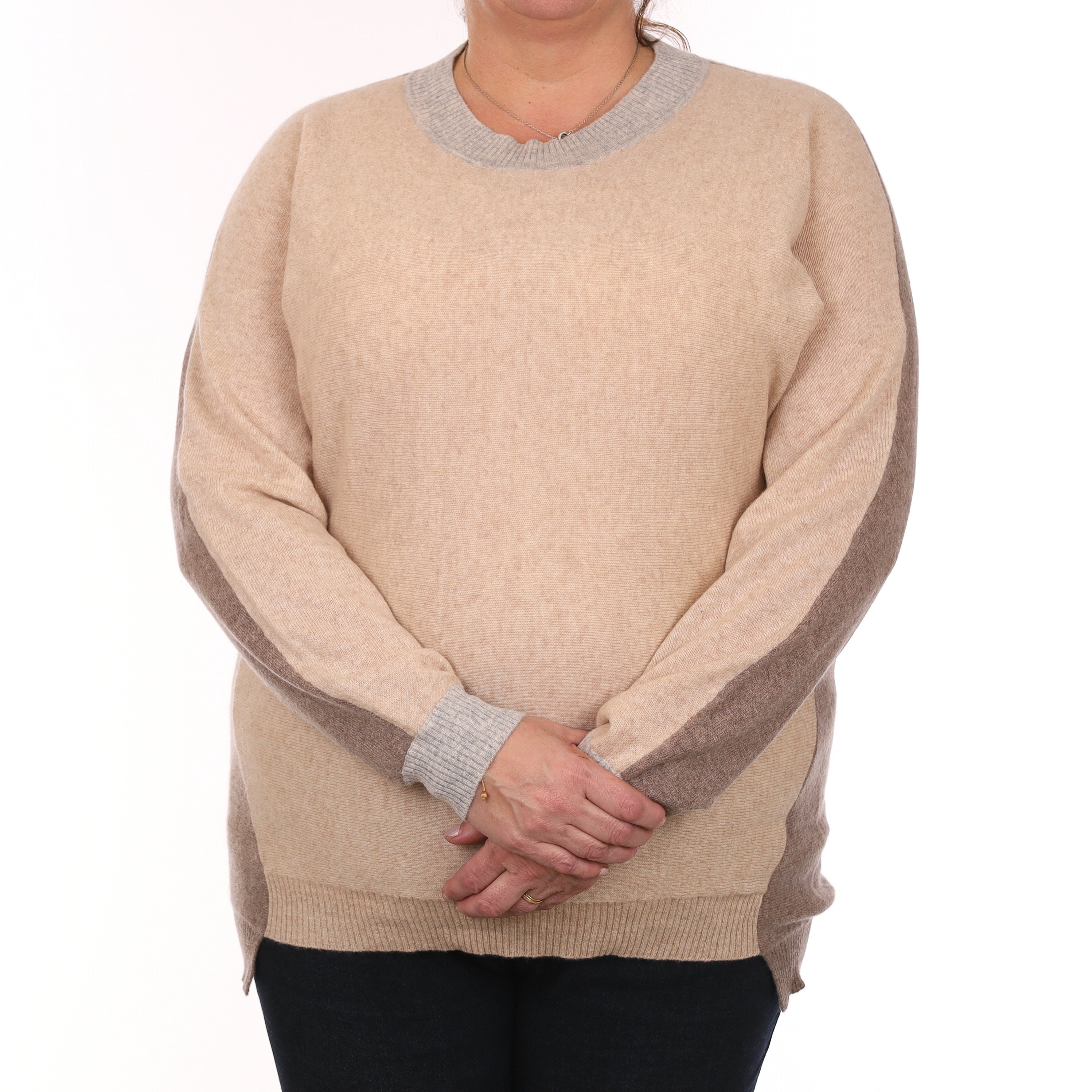 Mocha and Beige Cashmere Batwing Crew Neck Jumper Extra Large