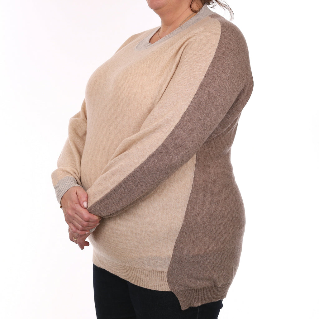 Mocha and Beige Cashmere Batwing Crew Neck Jumper Extra Large