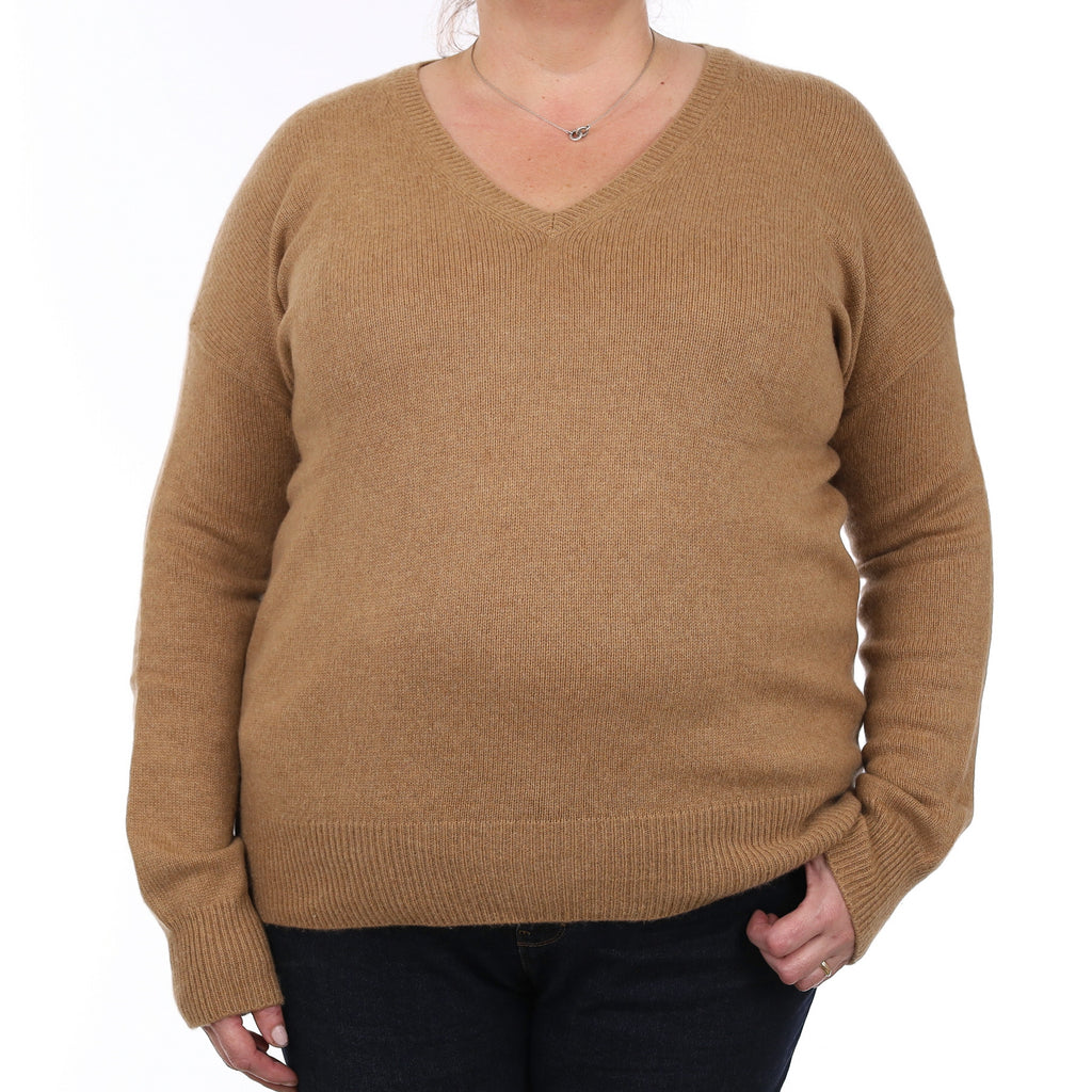 Toffee Brown Heavy Knit Cashmere V Neck Jumper Extra Large