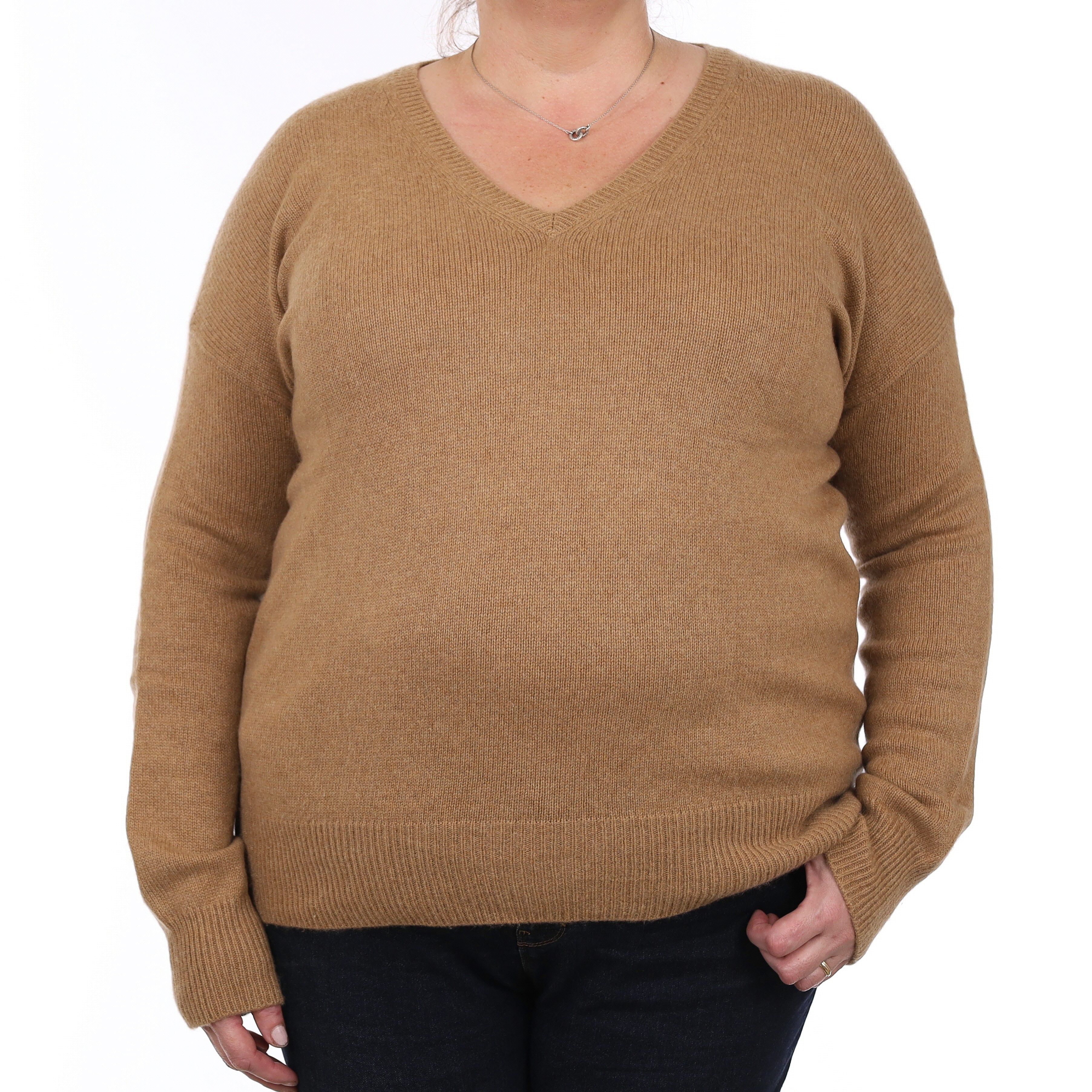 Toffee Brown Heavy Knit Cashmere V Neck Jumper Extra Large