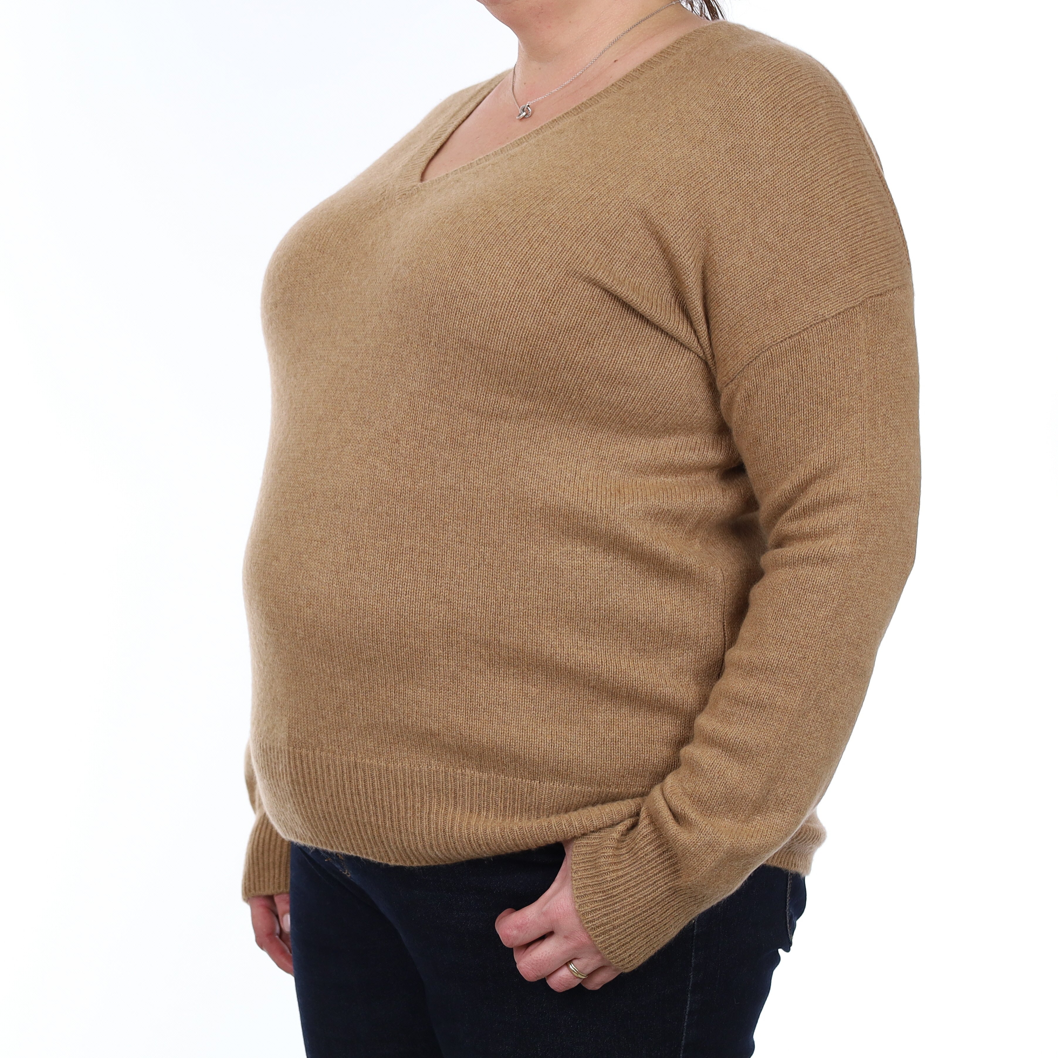 Toffee Brown Heavy Knit Cashmere V Neck Jumper Extra Large