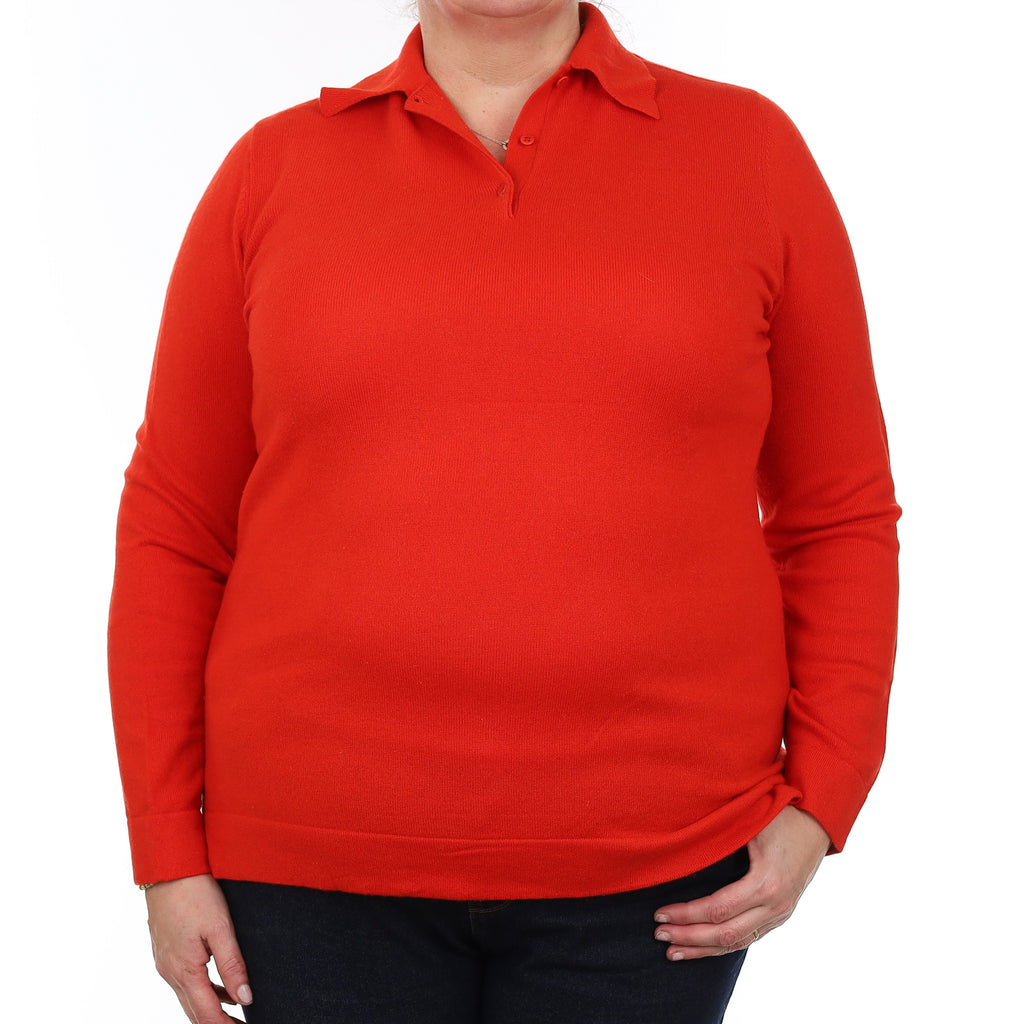 Vermillion Red Cashmere Collared 1/4 Button Jumper Extra Large