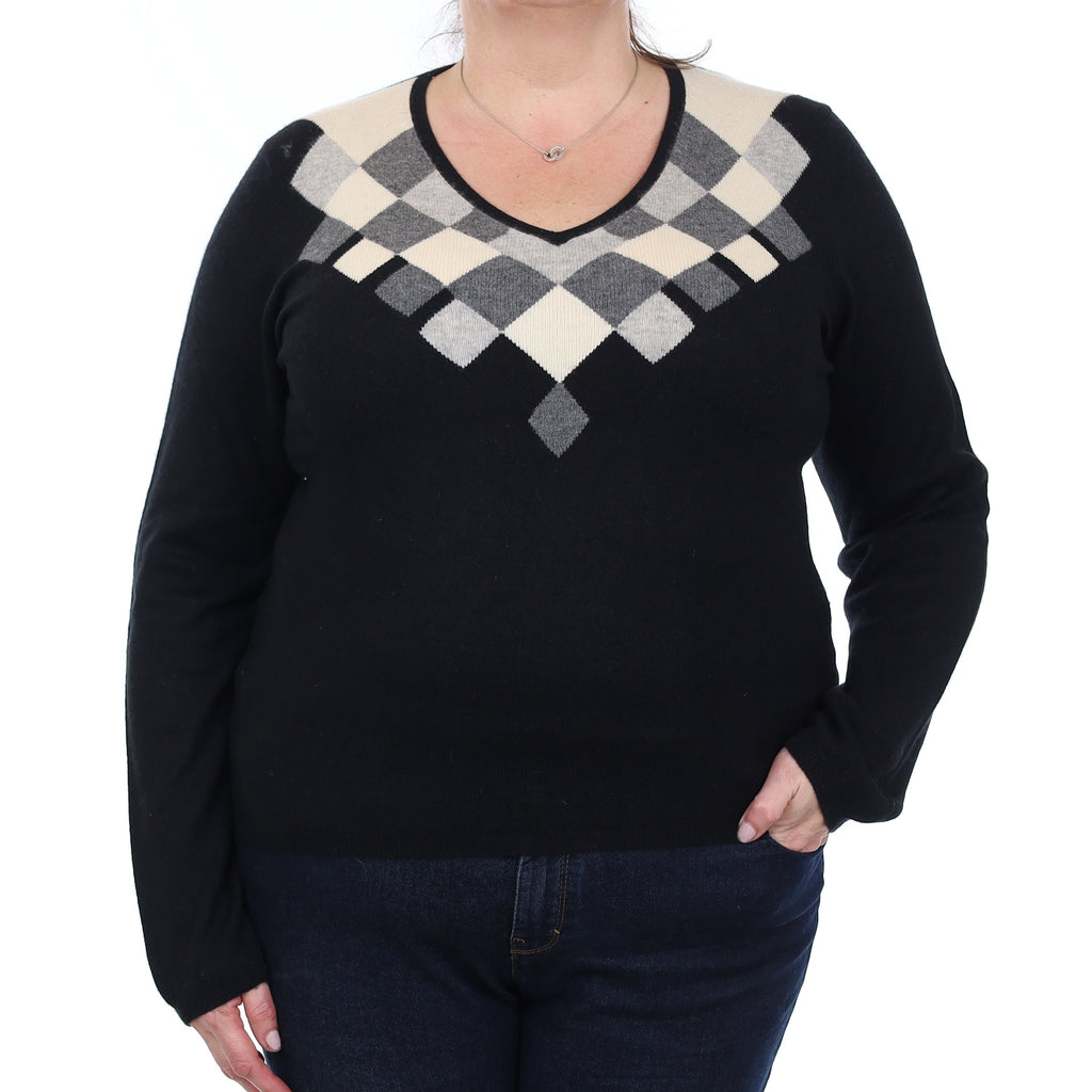 Black and Grey Diamond Cashmere V Neck Jumper Extra Large