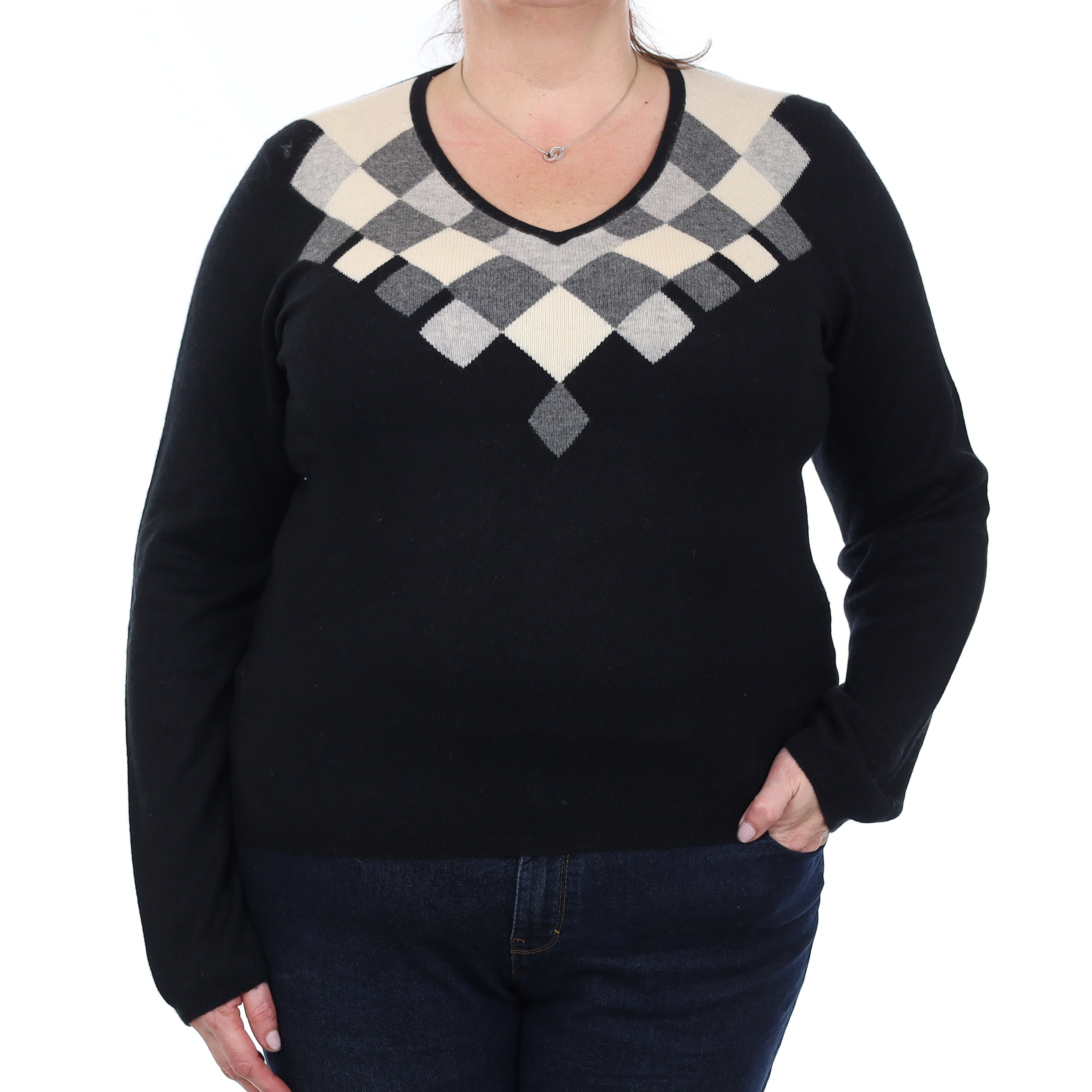 Black and Grey Diamond Cashmere V Neck Jumper Extra Large