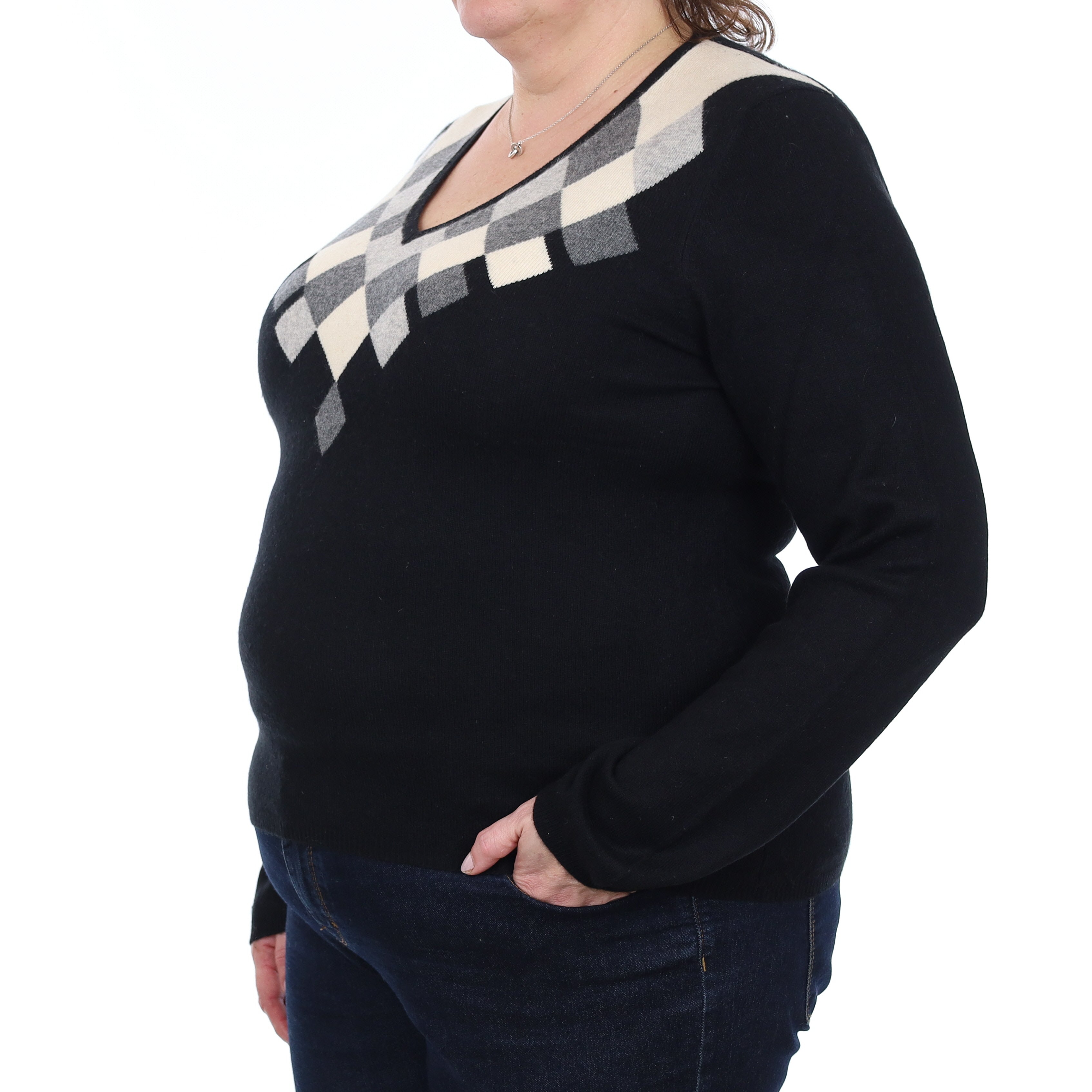 Black and Grey Diamond Cashmere V Neck Jumper Extra Large