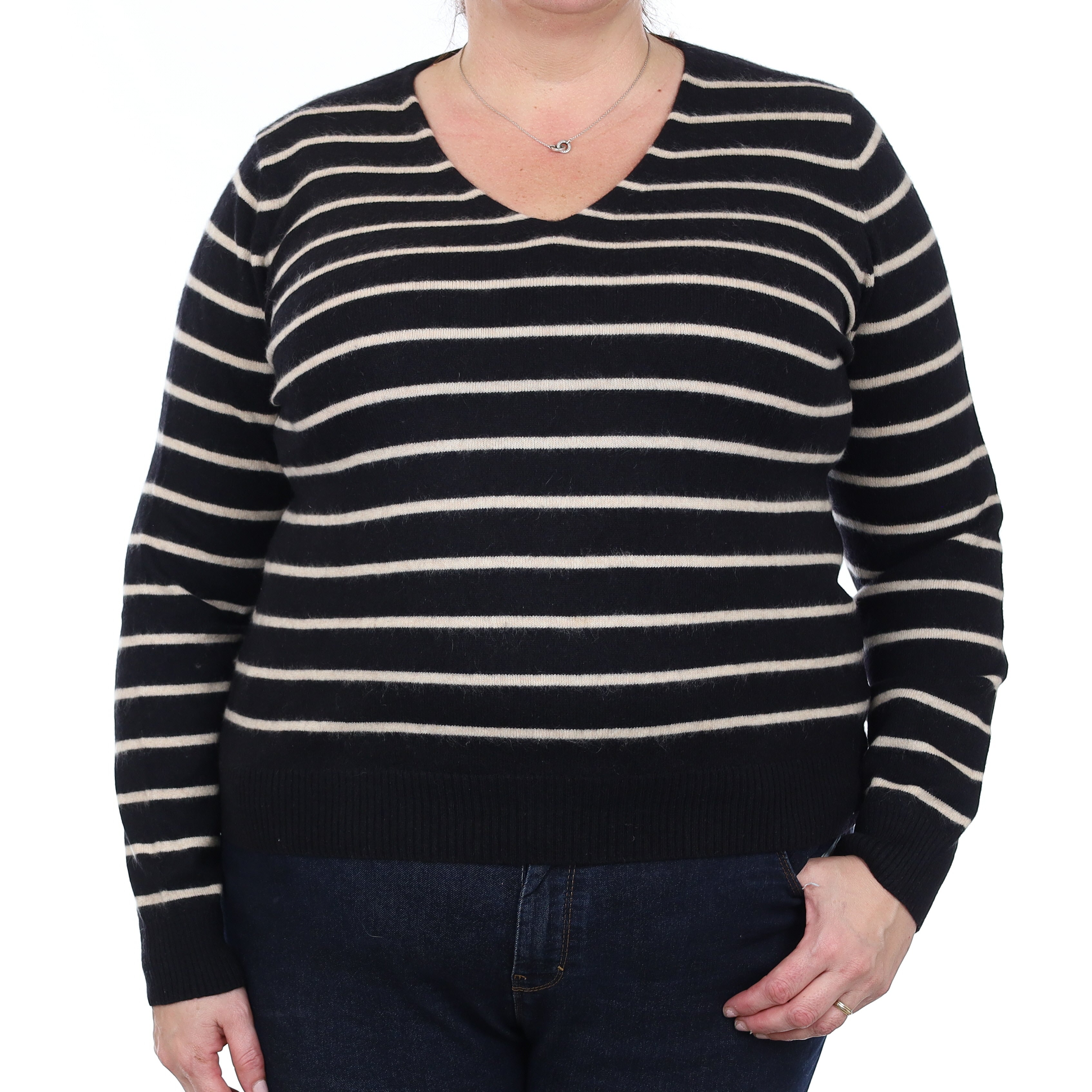 Black and Beige Stripe Cashmere V Neck Jumper Extra Large