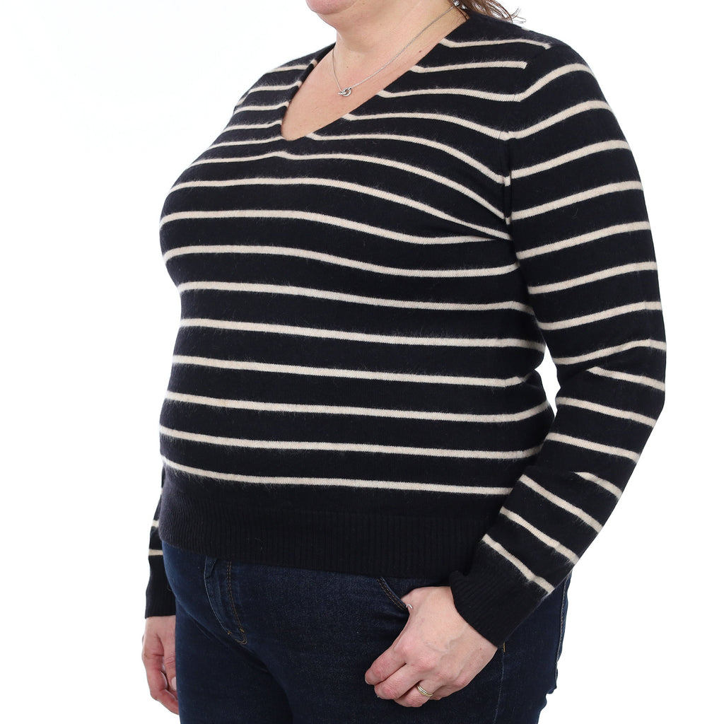 Black and Beige Stripe Cashmere V Neck Jumper Extra Large