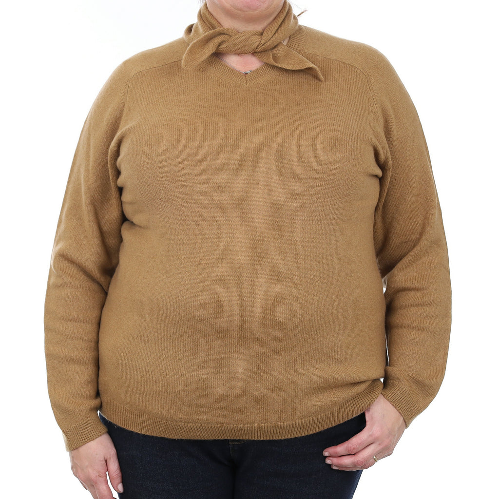 Toffee Brown Cashmere V Neck Jumper with Scarf Extra Large