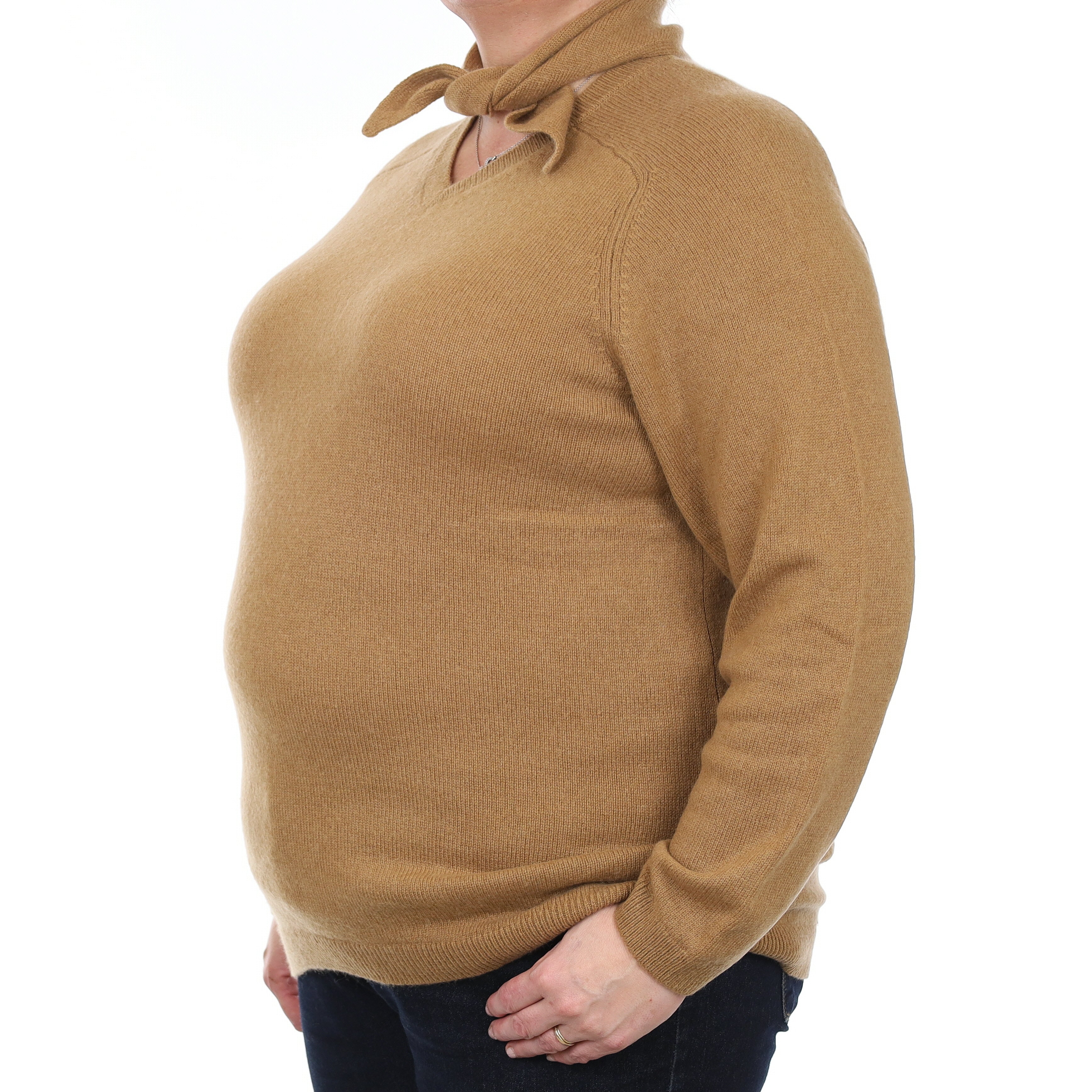 Toffee Brown Cashmere V Neck Jumper with Scarf Extra Large
