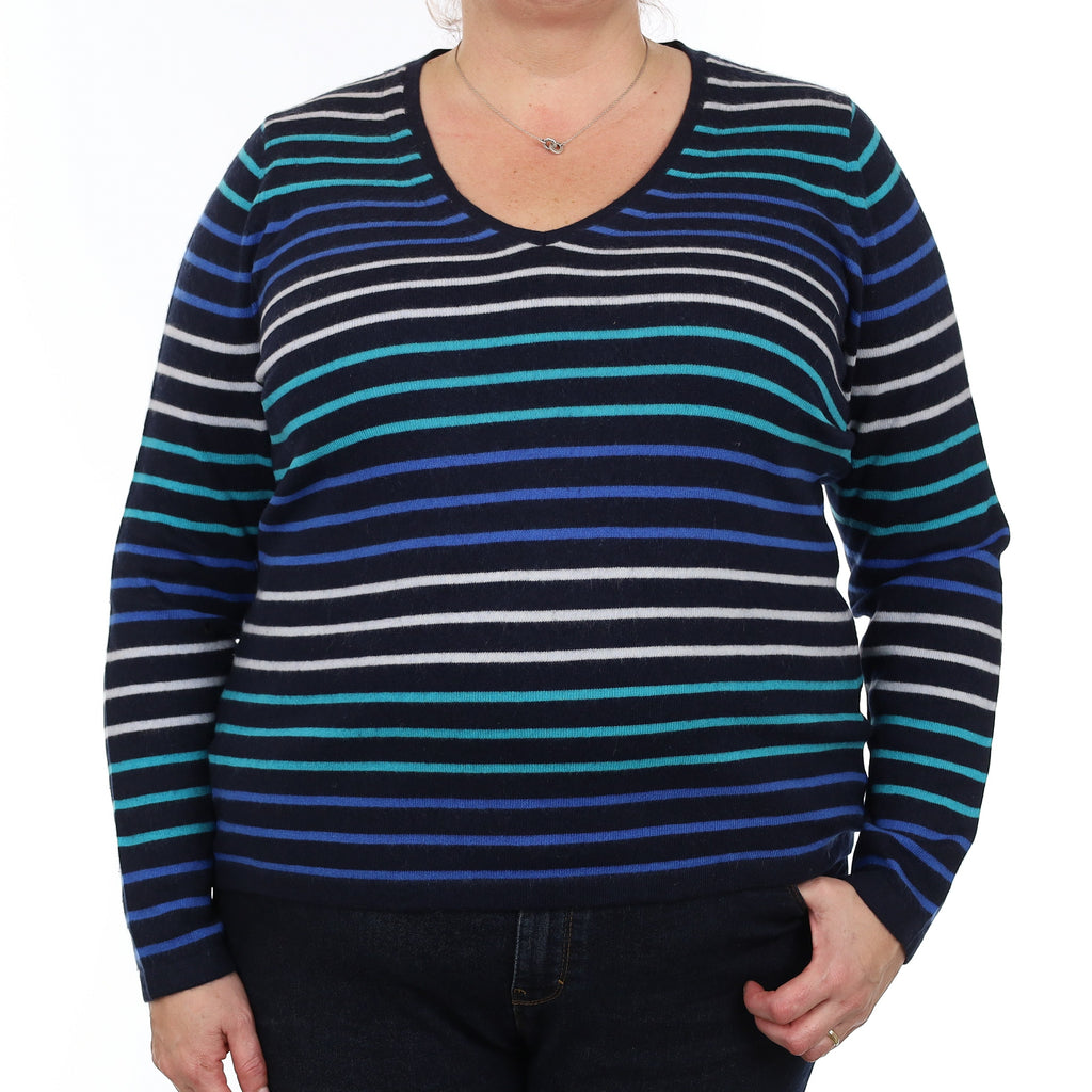 Navy and Blue Stripe Cashmere V Neck Jumper XXL