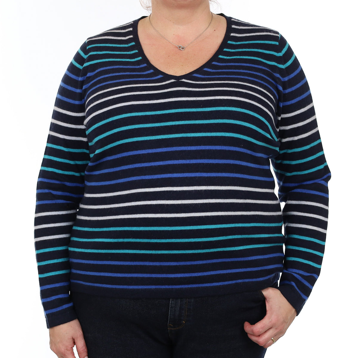 Navy and Blue Stripe Cashmere V Neck Jumper XXL