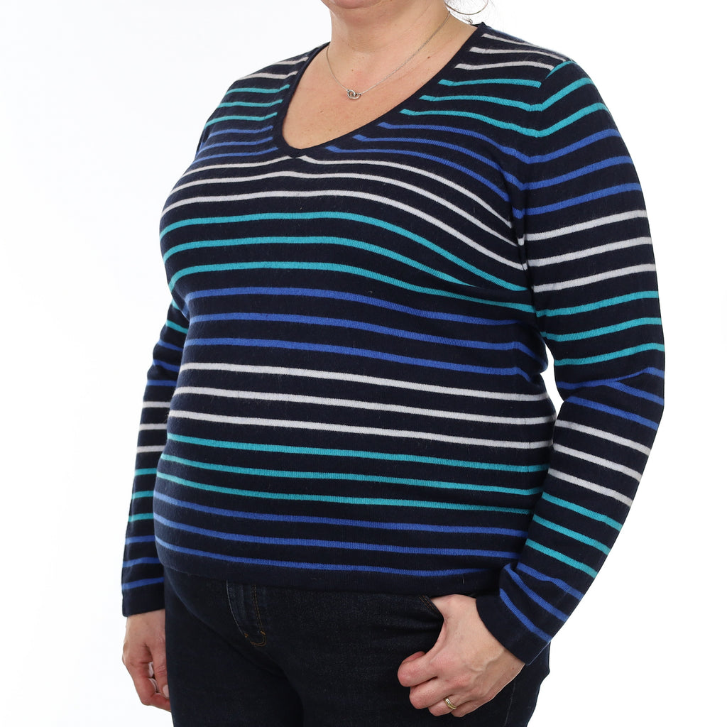 Navy and Blue Stripe Cashmere V Neck Jumper XXL