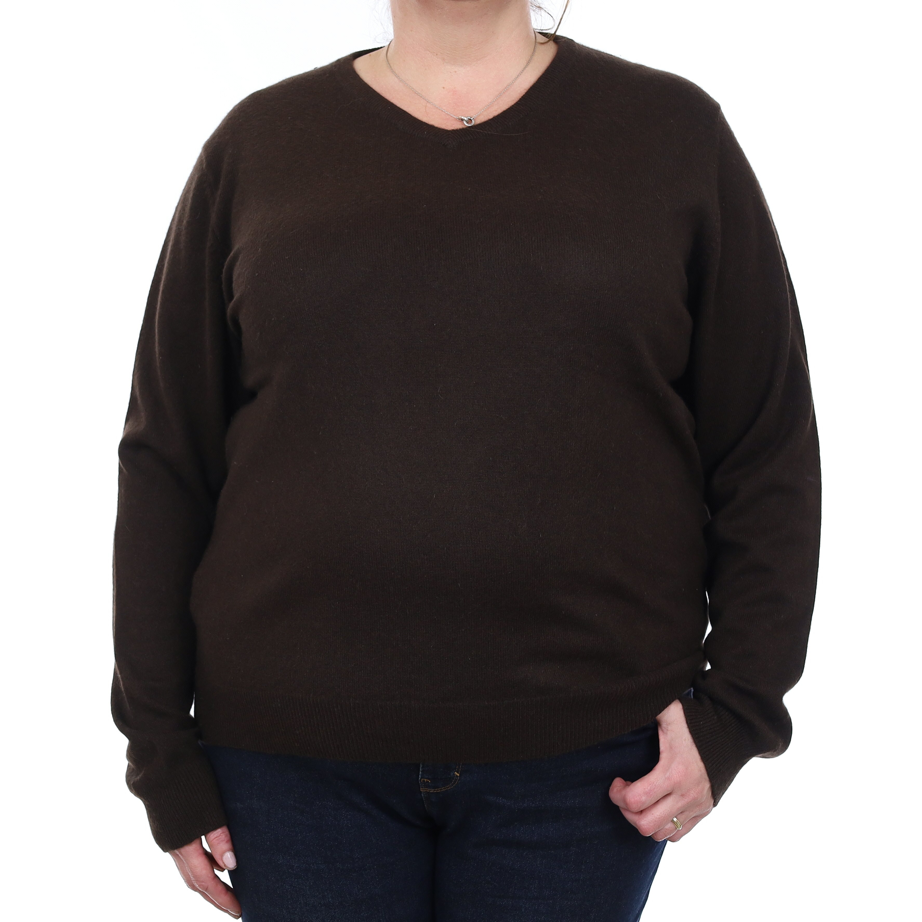 Dark Chocolate Brown Cashmere V Neck Jumper XXL