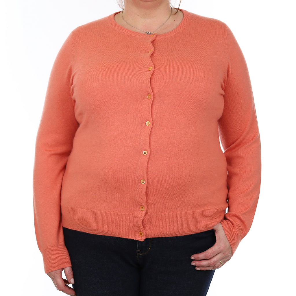 Coral Orange Cashmere Crew Neck Cardigan Extra Large
