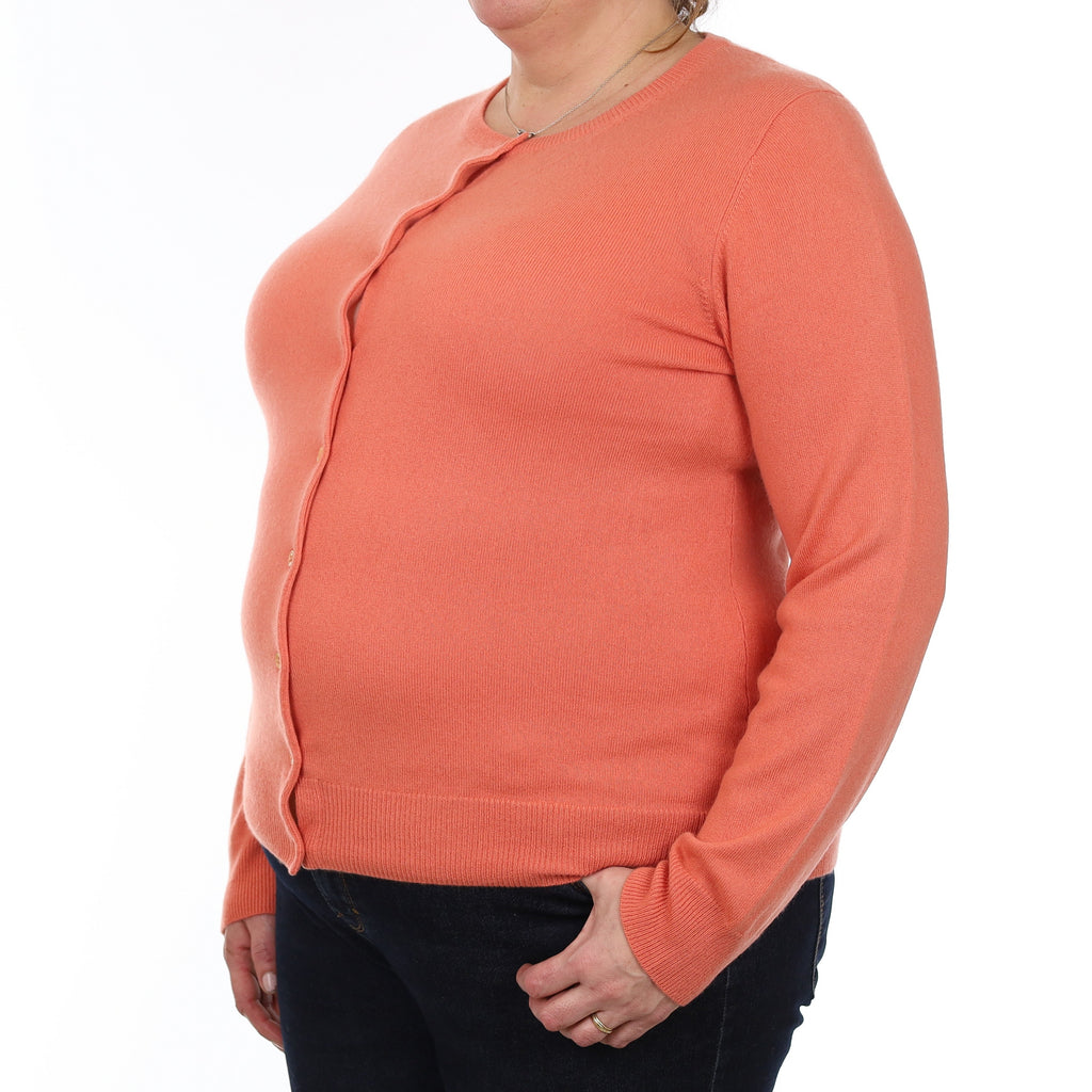 Coral Orange Cashmere Crew Neck Cardigan Extra Large
