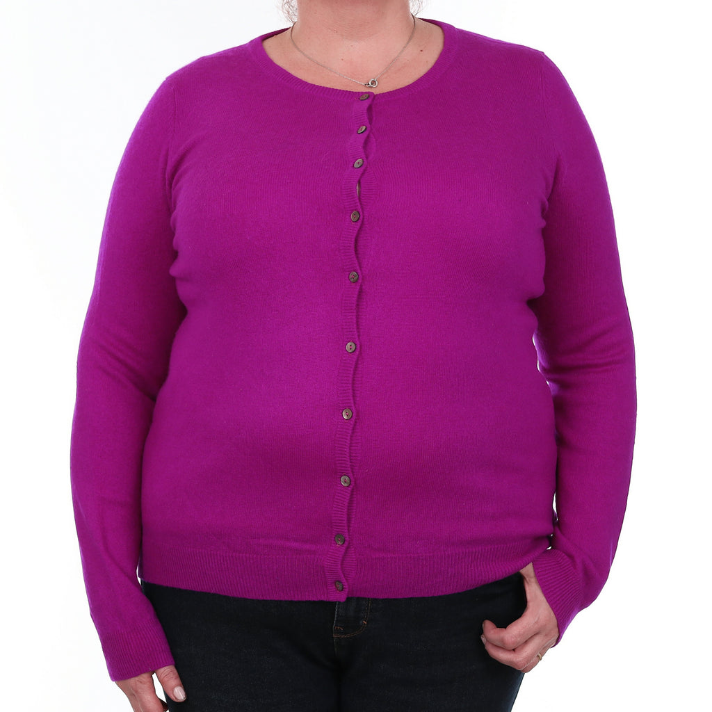Vibrant Magenta Pink Cashmere Crew Neck Cardigan Extra Large