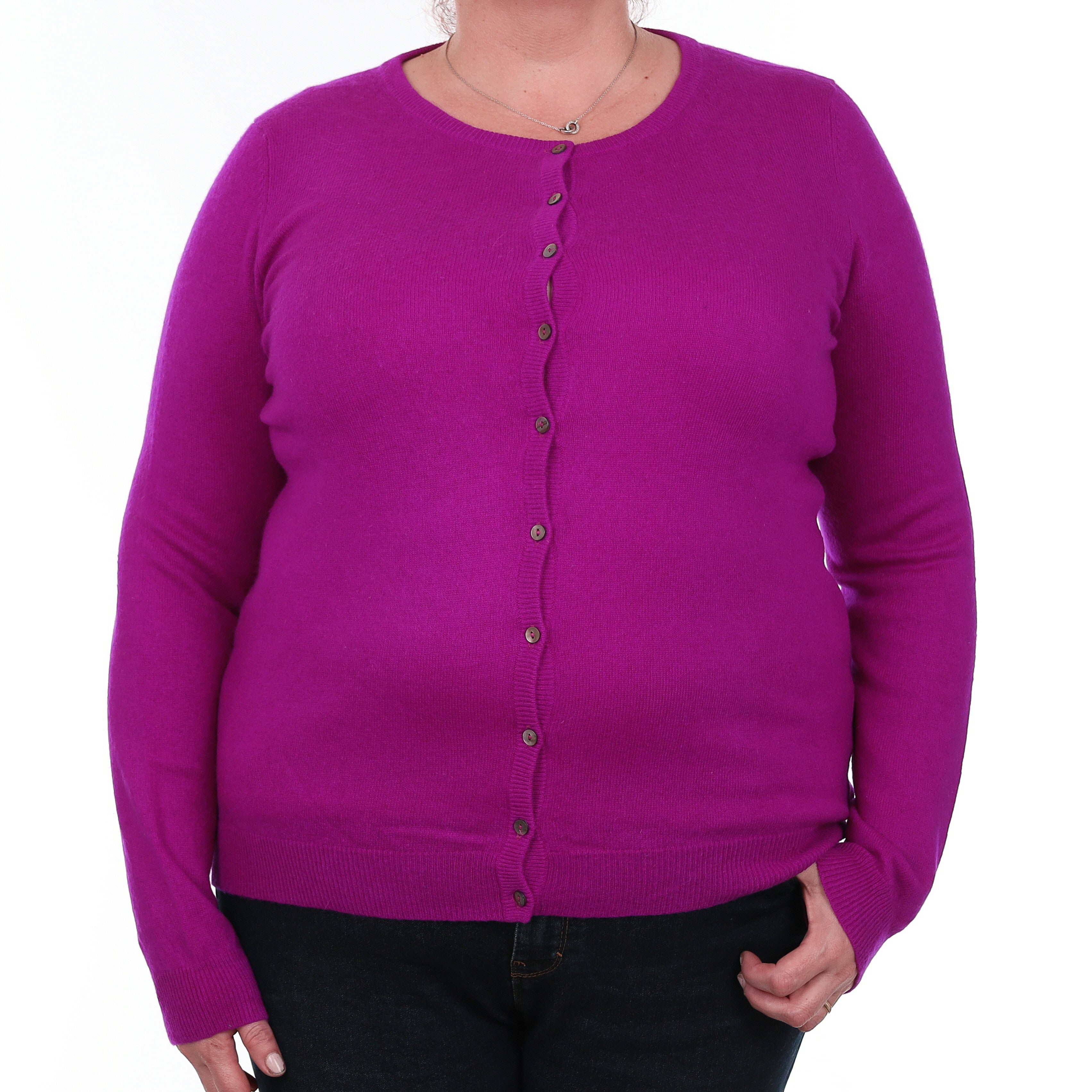 Vibrant Magenta Pink Cashmere Crew Neck Cardigan Extra Large