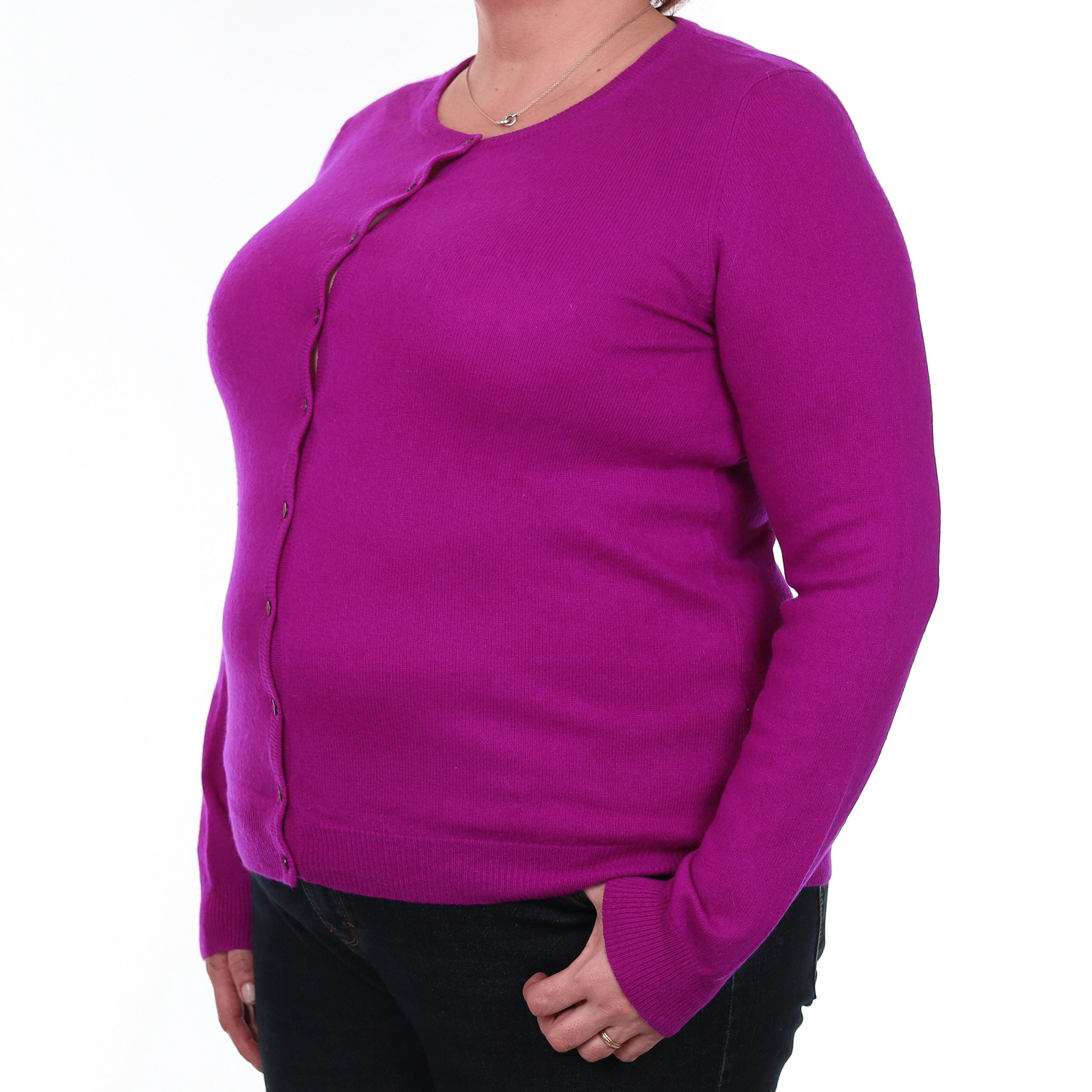 Vibrant Magenta Pink Cashmere Crew Neck Cardigan Extra Large