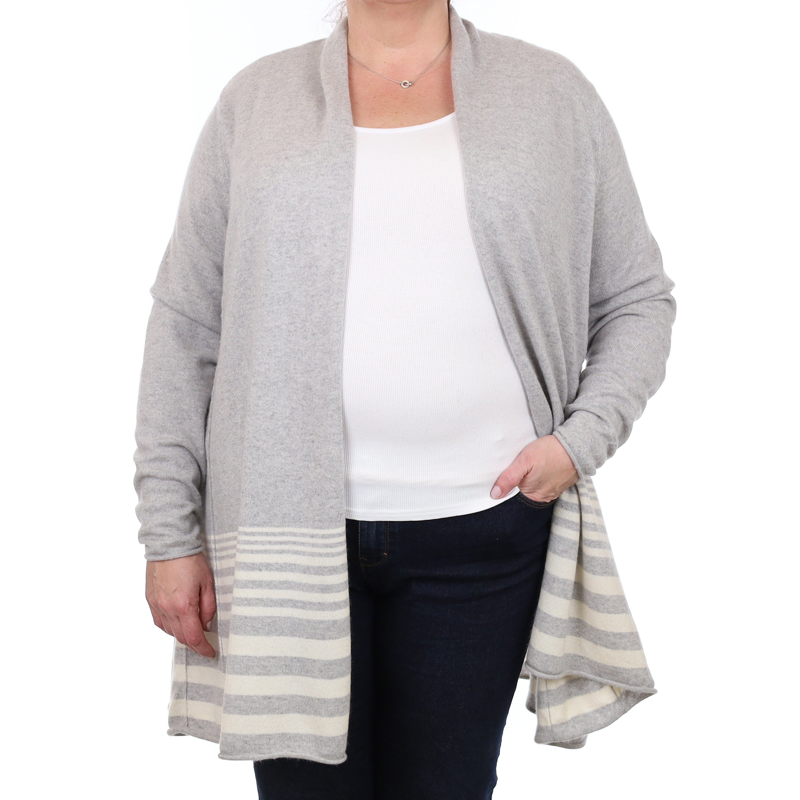 Grey and Ivory Stripe Cashmere Edge to Edge Cardigan Extra Large