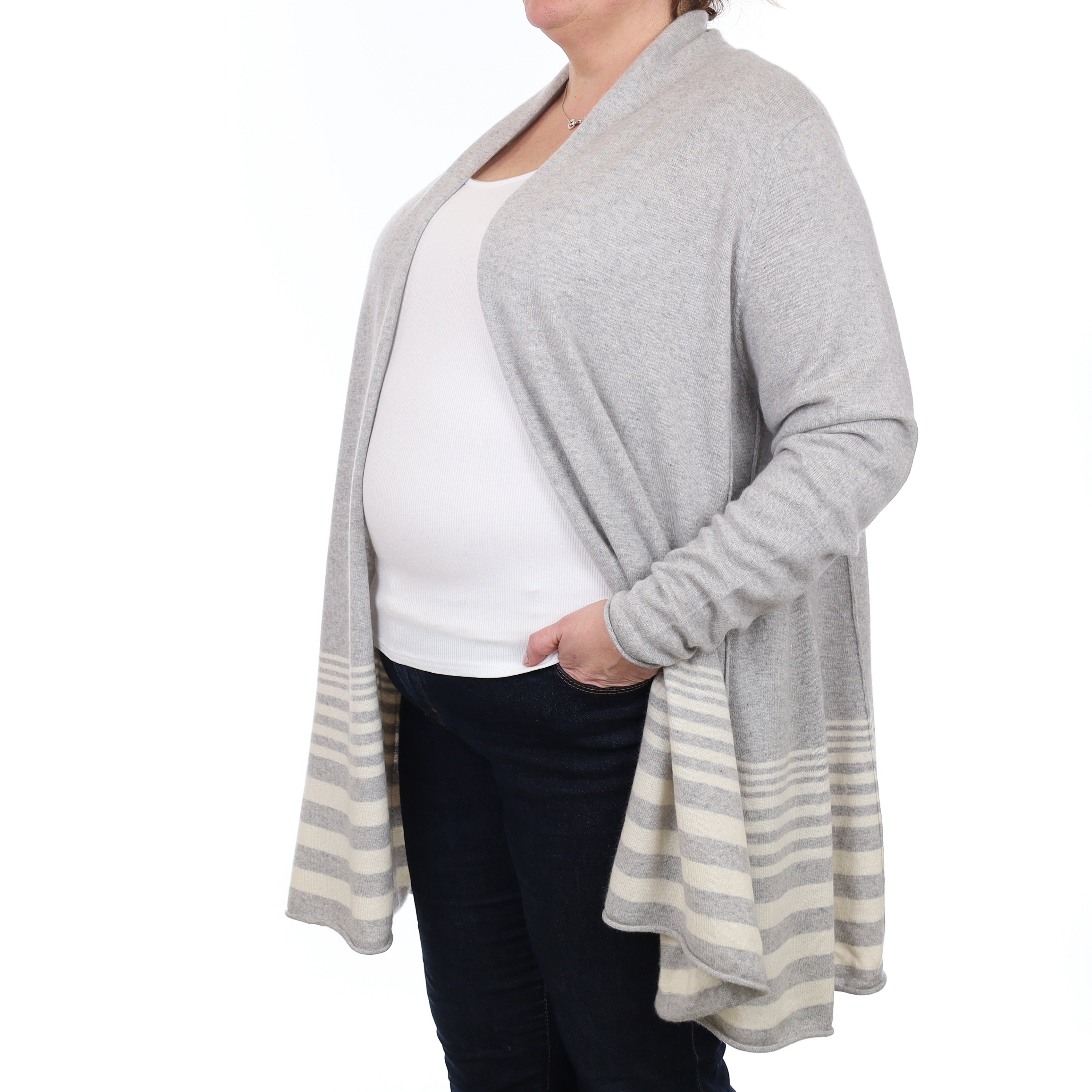 Grey and Ivory Stripe Cashmere Edge to Edge Cardigan Extra Large