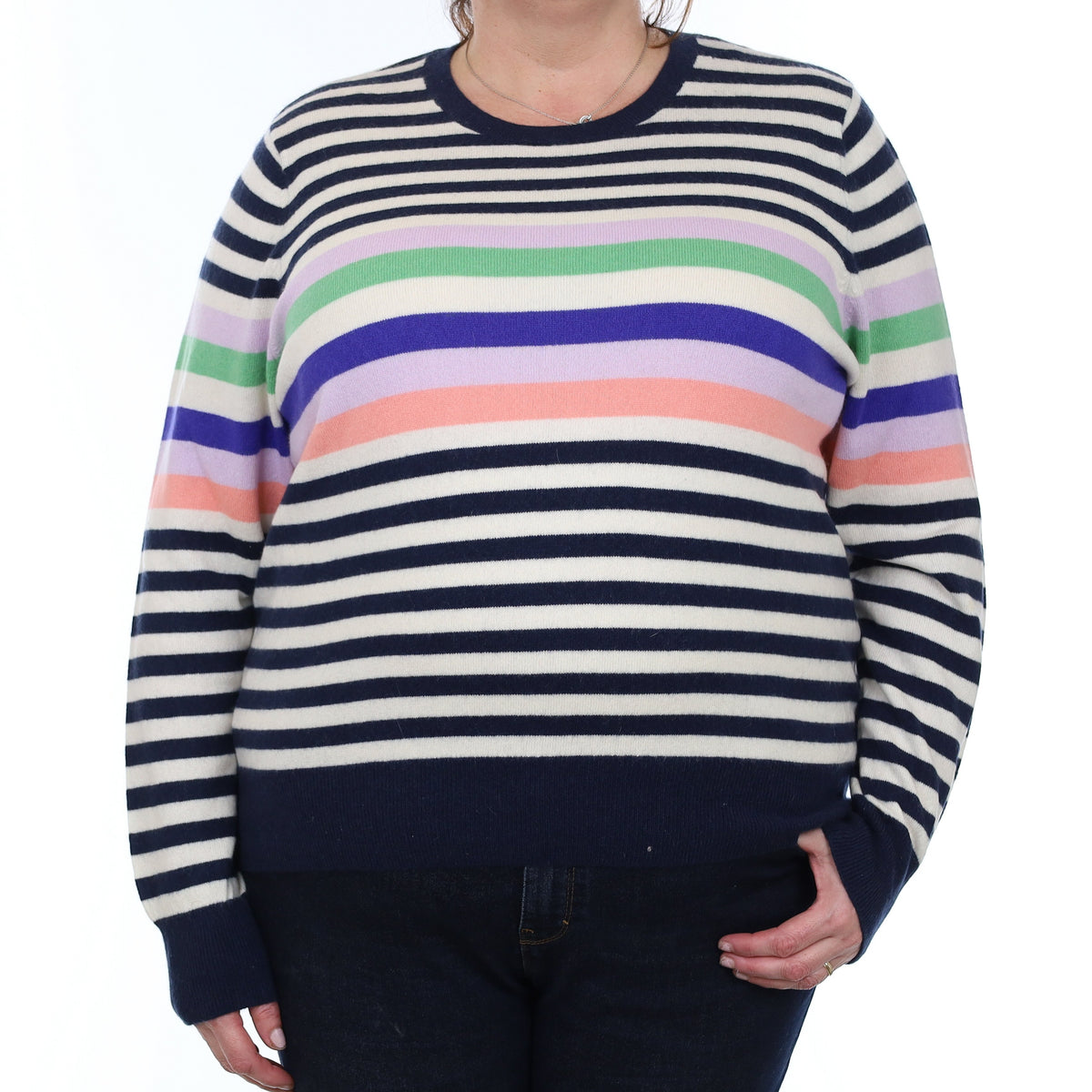 Navy and Multicolour Stripe Cashmere Crew Neck Jumper XXL