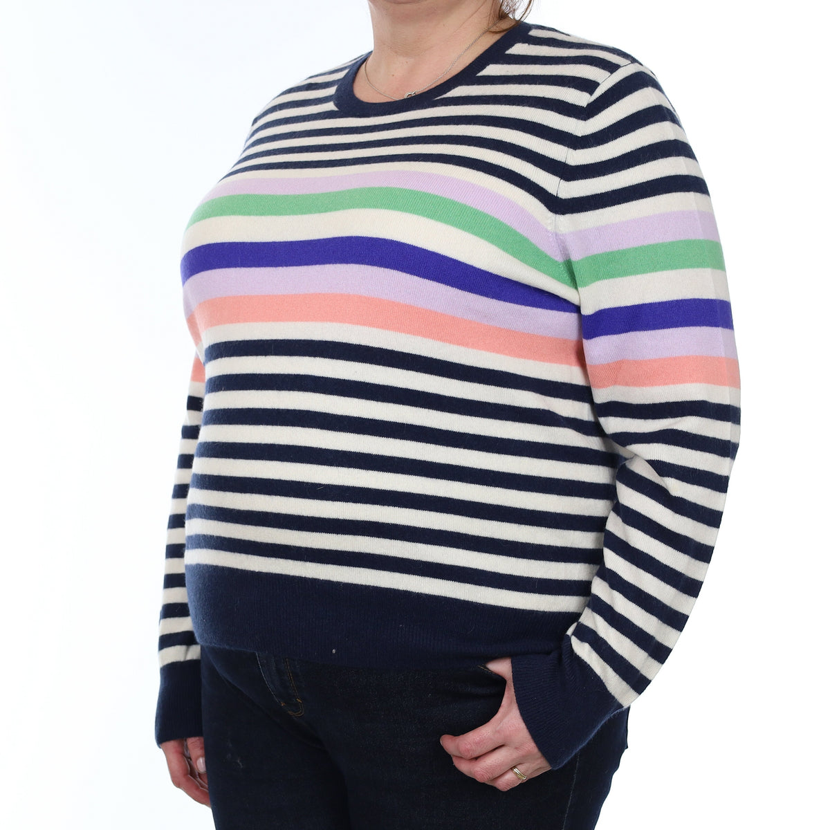 Navy and Multicolour Stripe Cashmere Crew Neck Jumper XXL