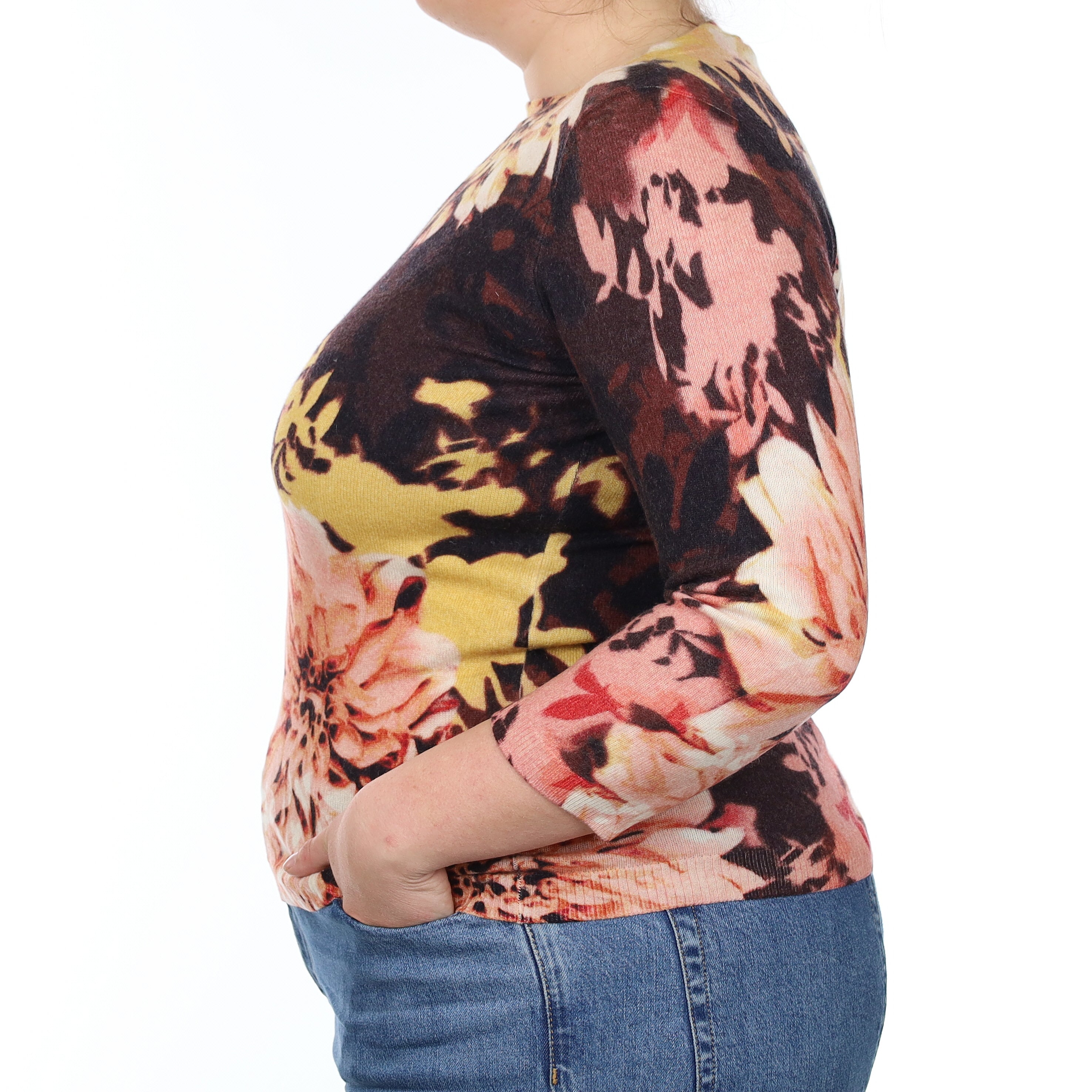 Brown and Peach Floral Cashmere Crew Neck Jumper Large