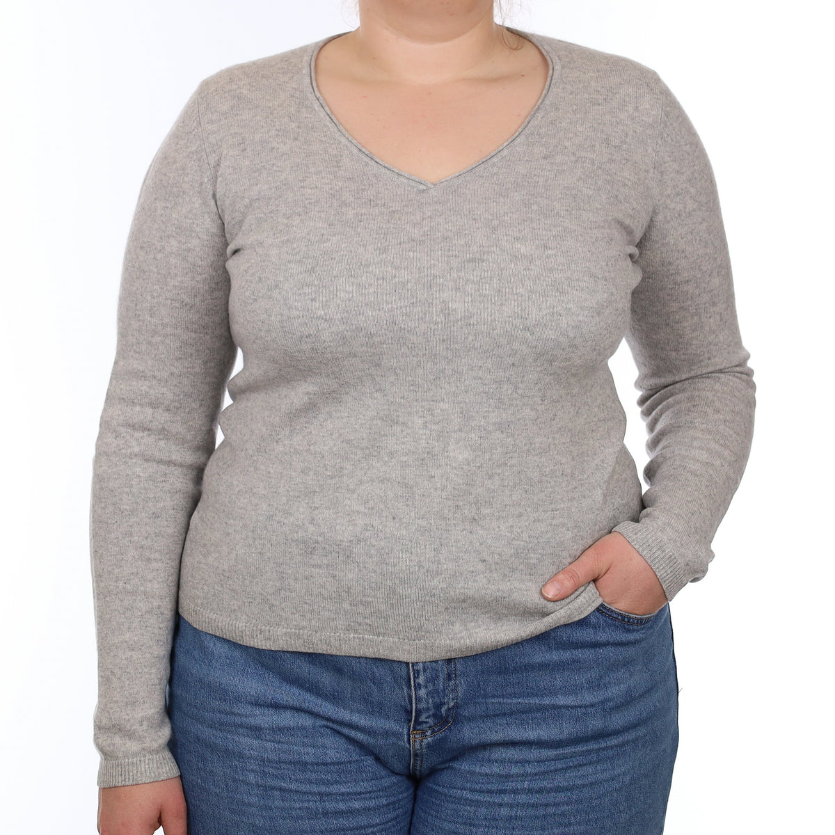 Smoke Grey Cashmere V Neck Jumper Large
