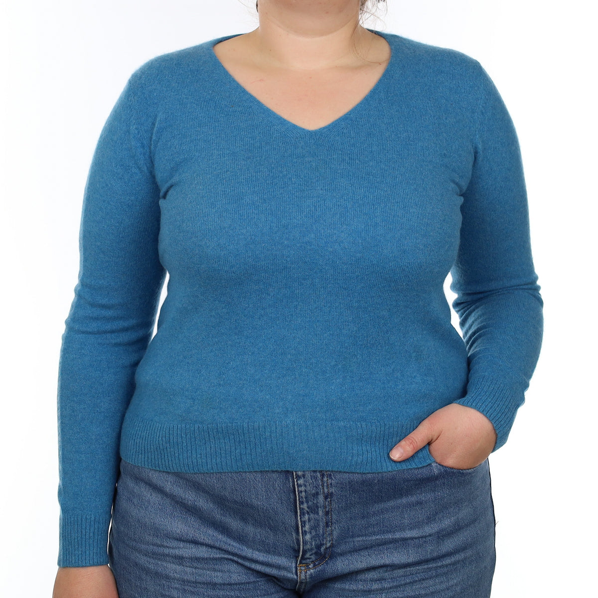 Mediterranean Blue Cashmere V Neck Jumper Large