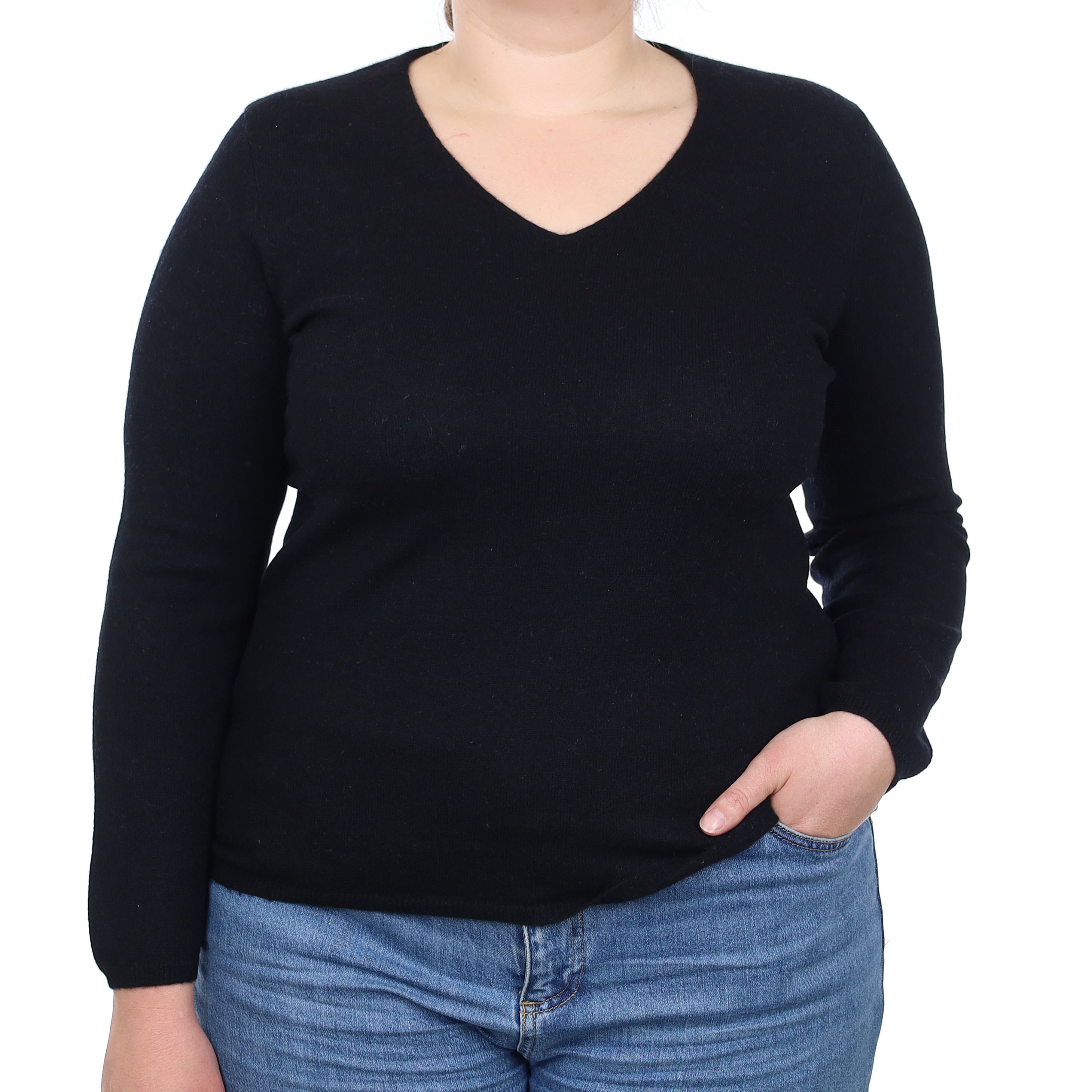 Black Cashmere V Neck Jumper Large