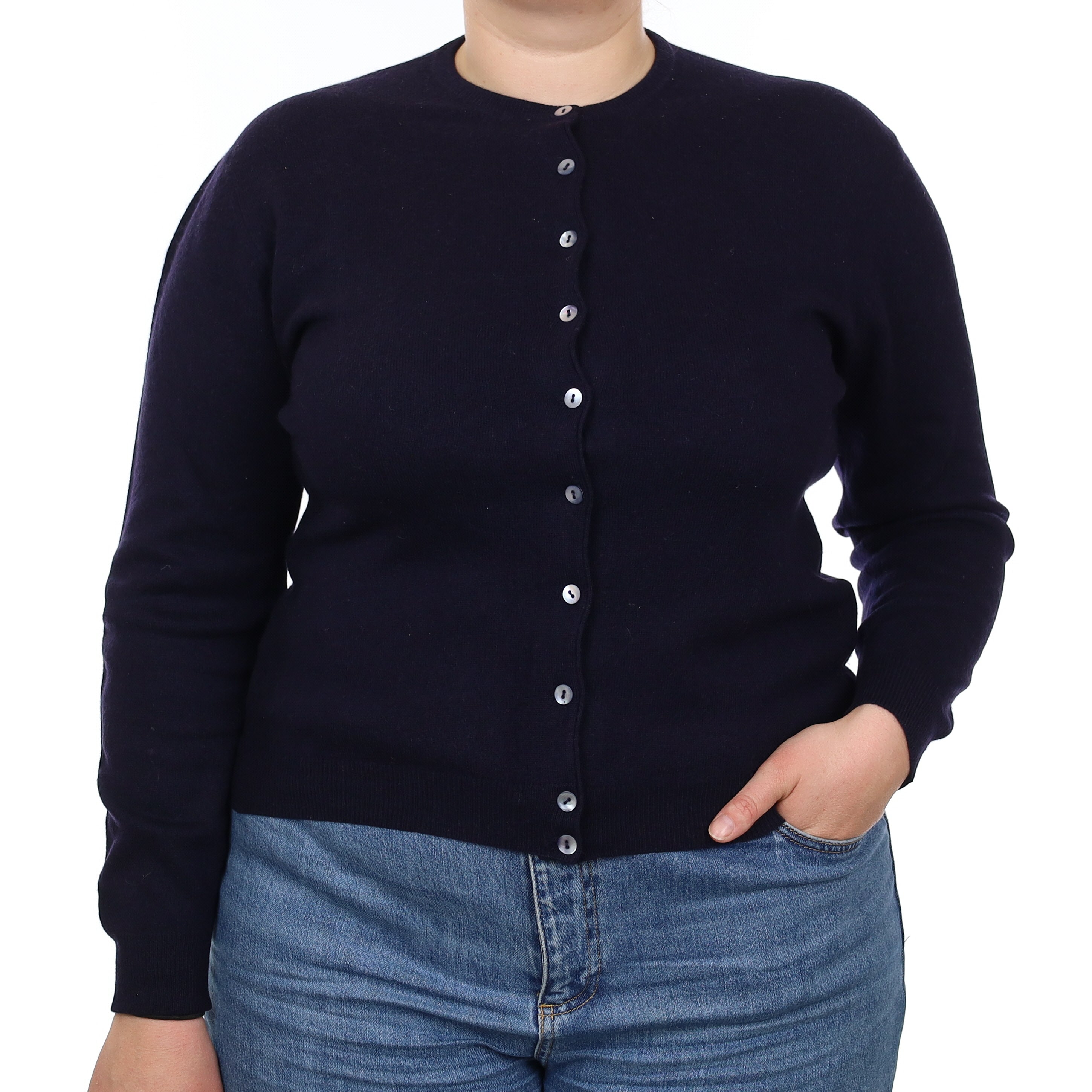 Navy Blue Cashmere Crew Neck Cardigan Large
