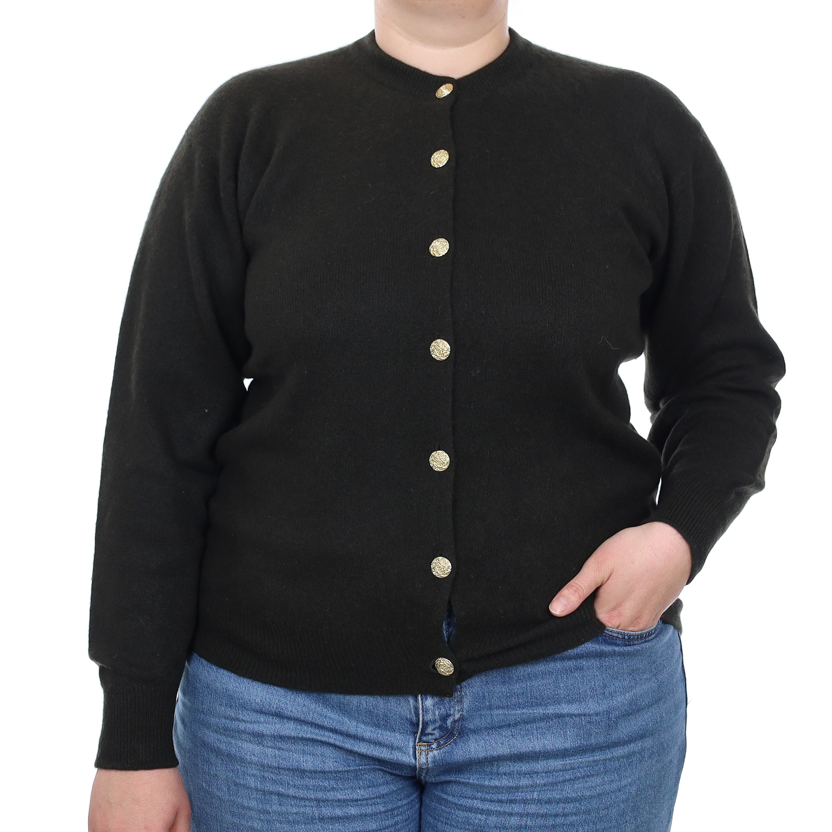 Scottish Darkest Khaki Heavy Knit Cashmere Crew Neck Cardigan Large
