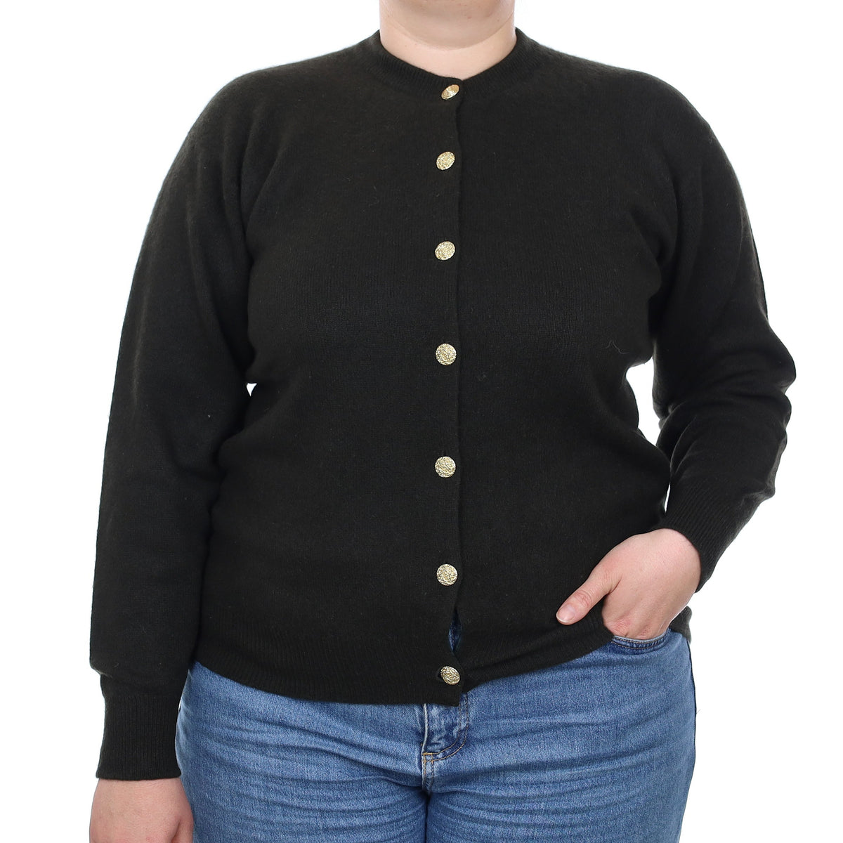Scottish Darkest Khaki Heavy Knit Cashmere Crew Neck Cardigan Large