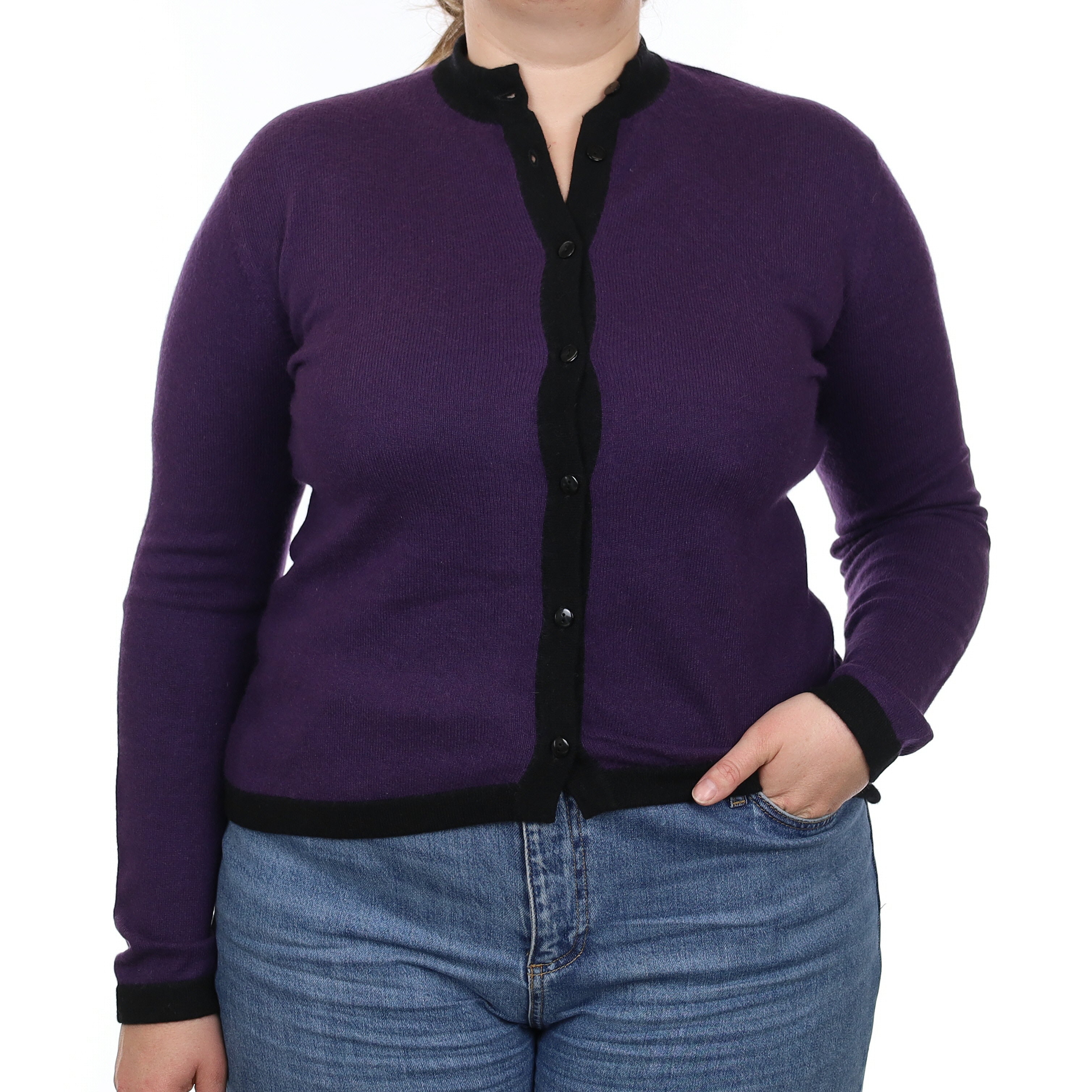 Purple and Black Cashmere Crew Neck Cardigan Large