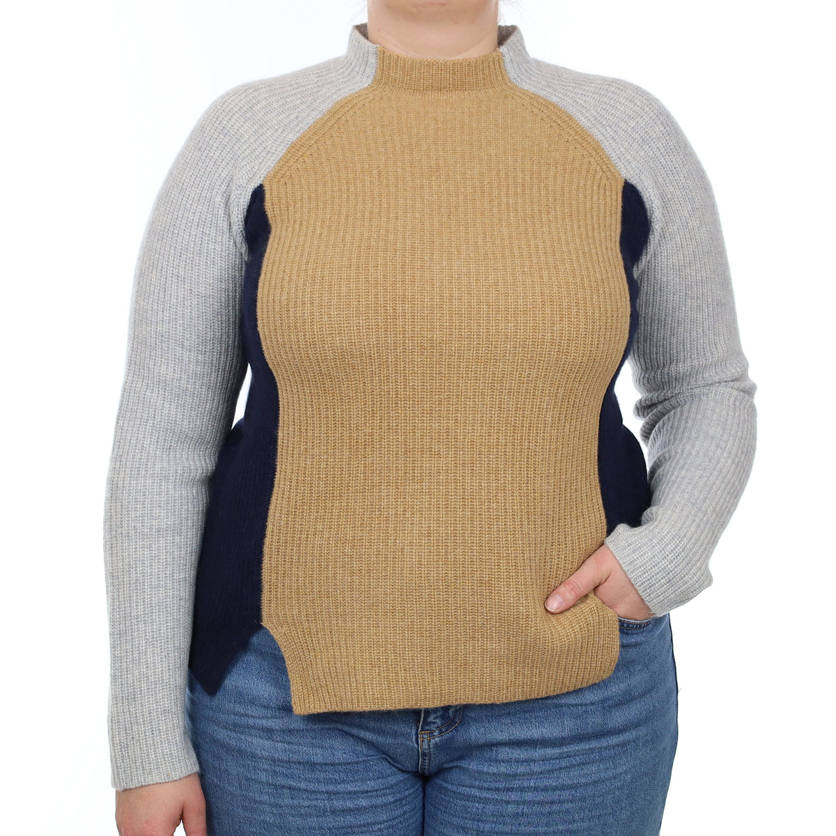 Camel Colour Block Chunky Cashmere Turtleneck Jumper Large