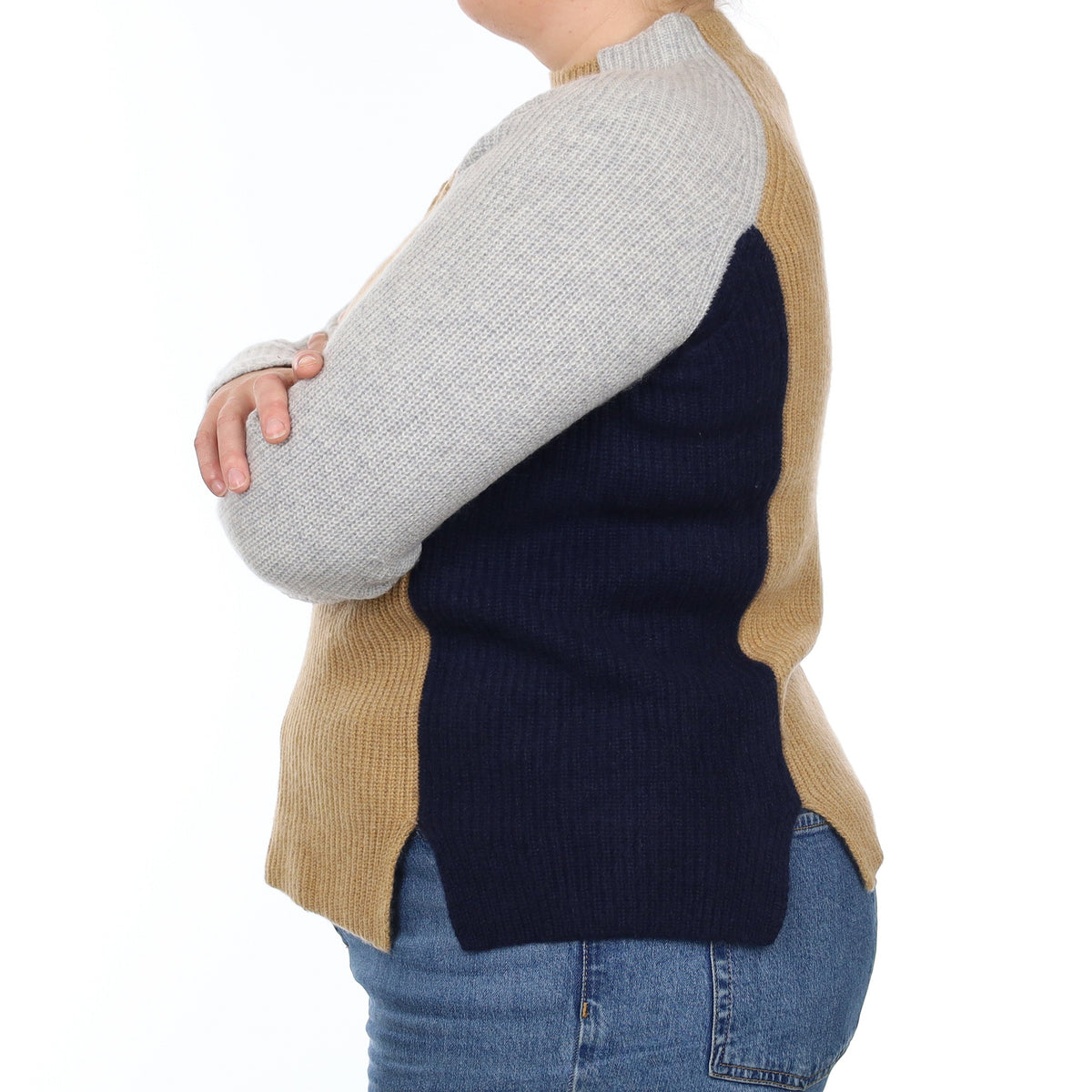 Camel Colour Block Chunky Cashmere Turtleneck Jumper Large